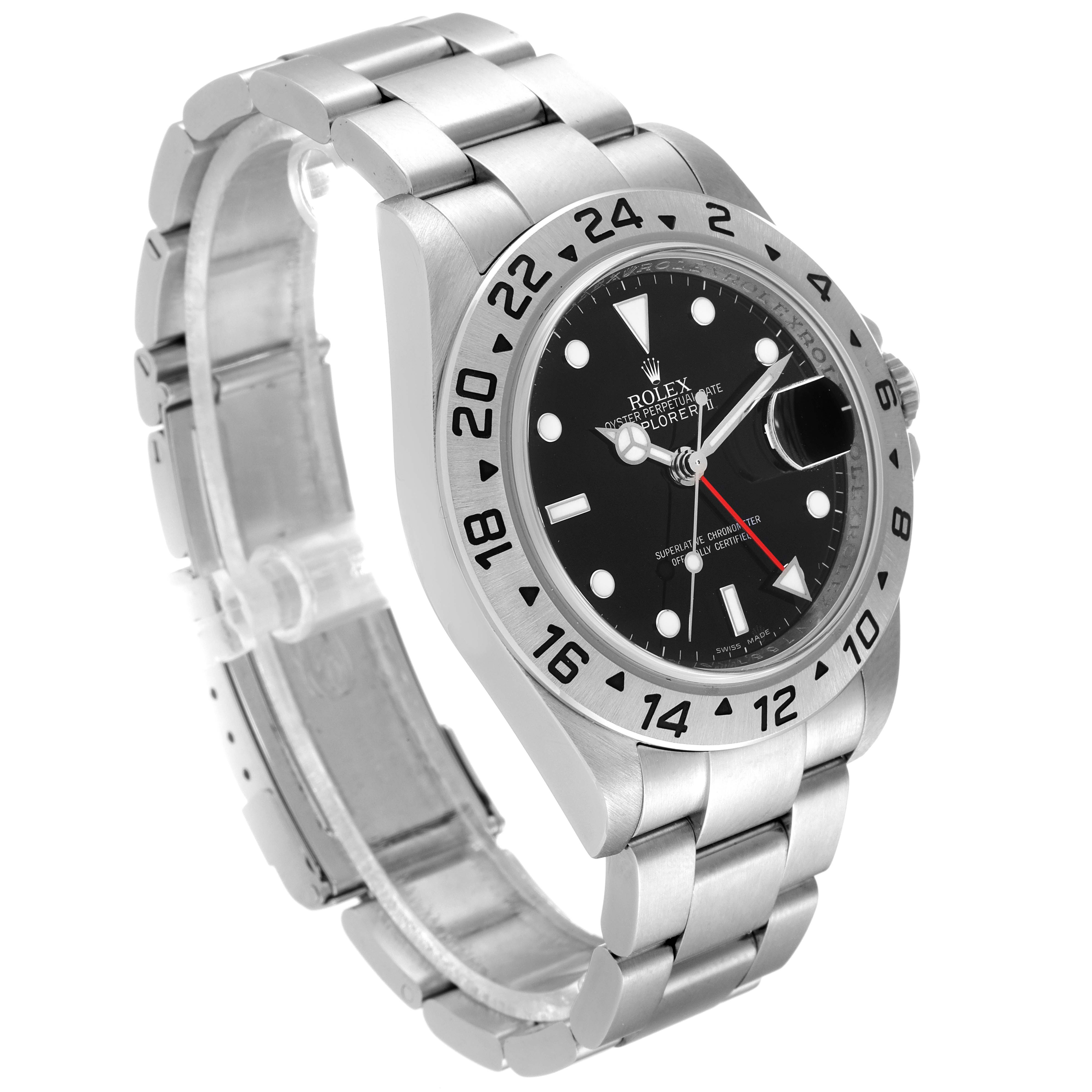 The Rolex Explorer 16570 Men's Stainless Steel Black Dial 16570 Men's Stainless Steel Black Dial watch is shown at a slight angle, displaying the face, bezel with 24-hour markings, and part of the metal bracelet.