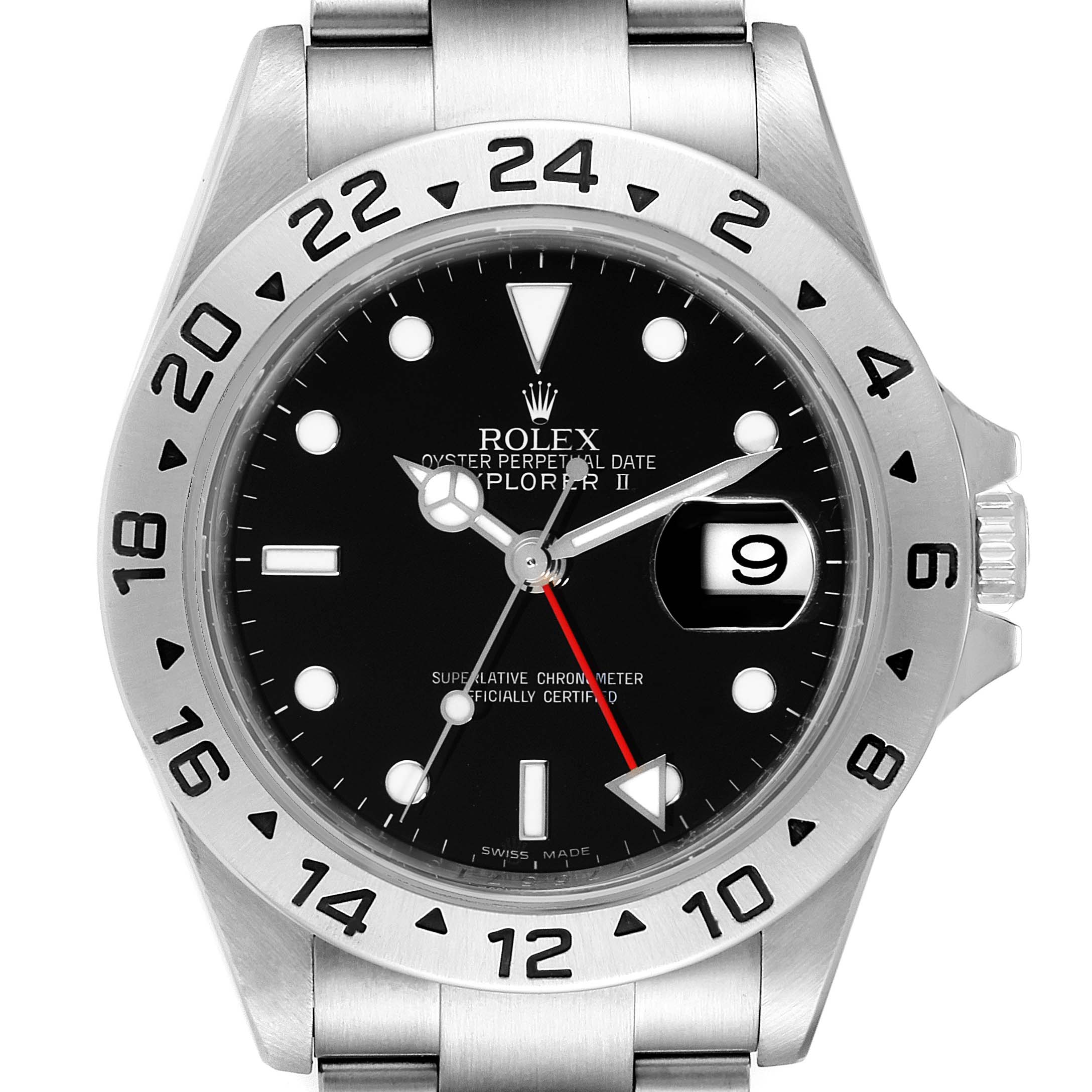 The image shows a front view of the Rolex Explorer 16570 Men's Stainless Steel Black Dial 16570 Men's Stainless Steel Black Dial watch, highlighting its bezel, dial, hands, and date window.