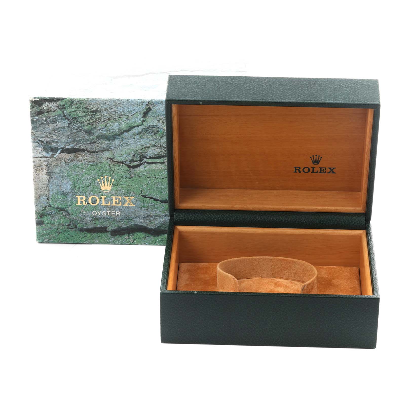 The image shows an open Rolex Explorer 16570T Men
s Stainless Steel Black Dial 16570T Men
s Stainless Steel Black Dial watch box with a green textured exterior and tan interior.