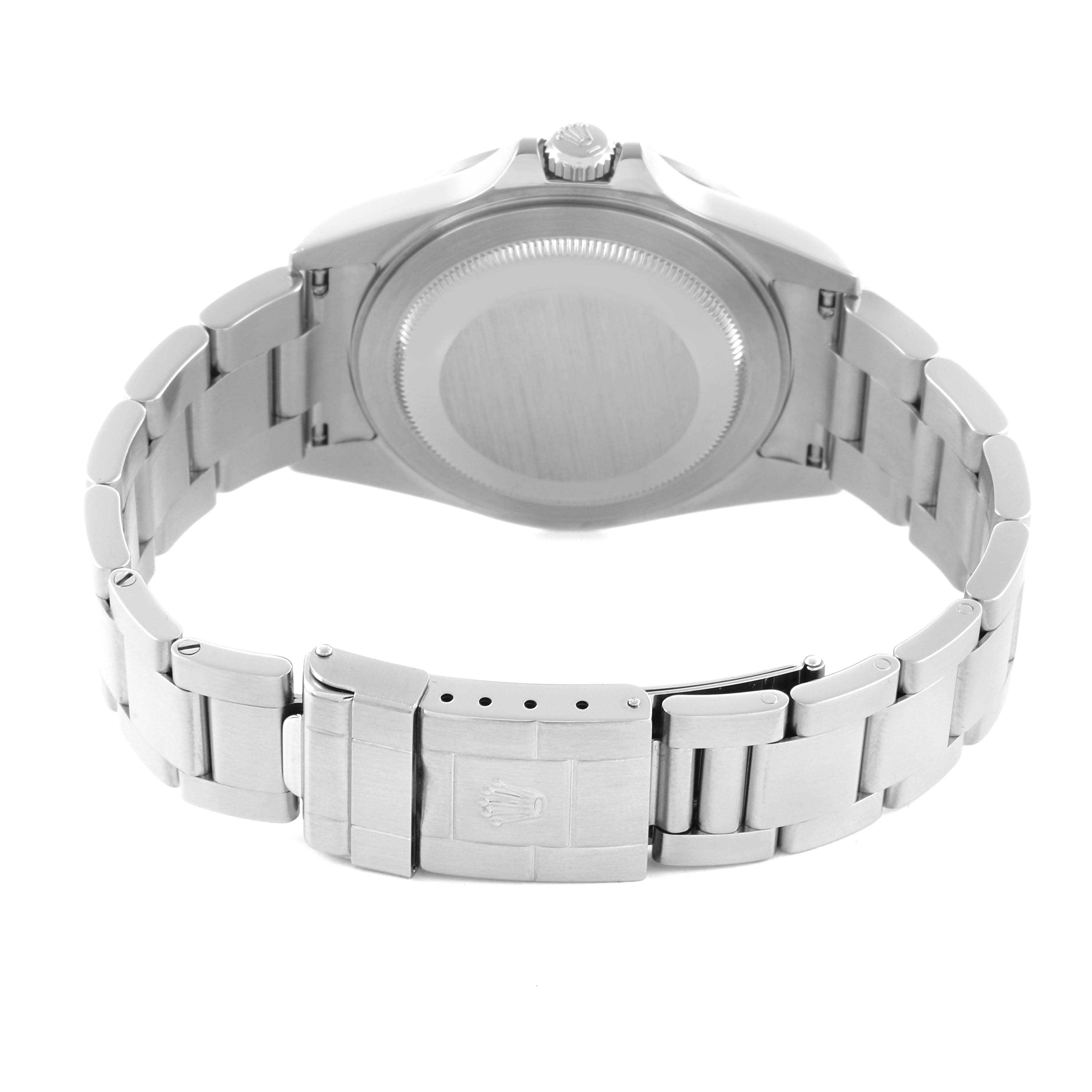 The image shows the back case and metal bracelet of a Rolex Explorer 16570T Men
s Stainless Steel Black Dial 16570T Men
s Stainless Steel Black Dial watch, featuring the clasp and crown.