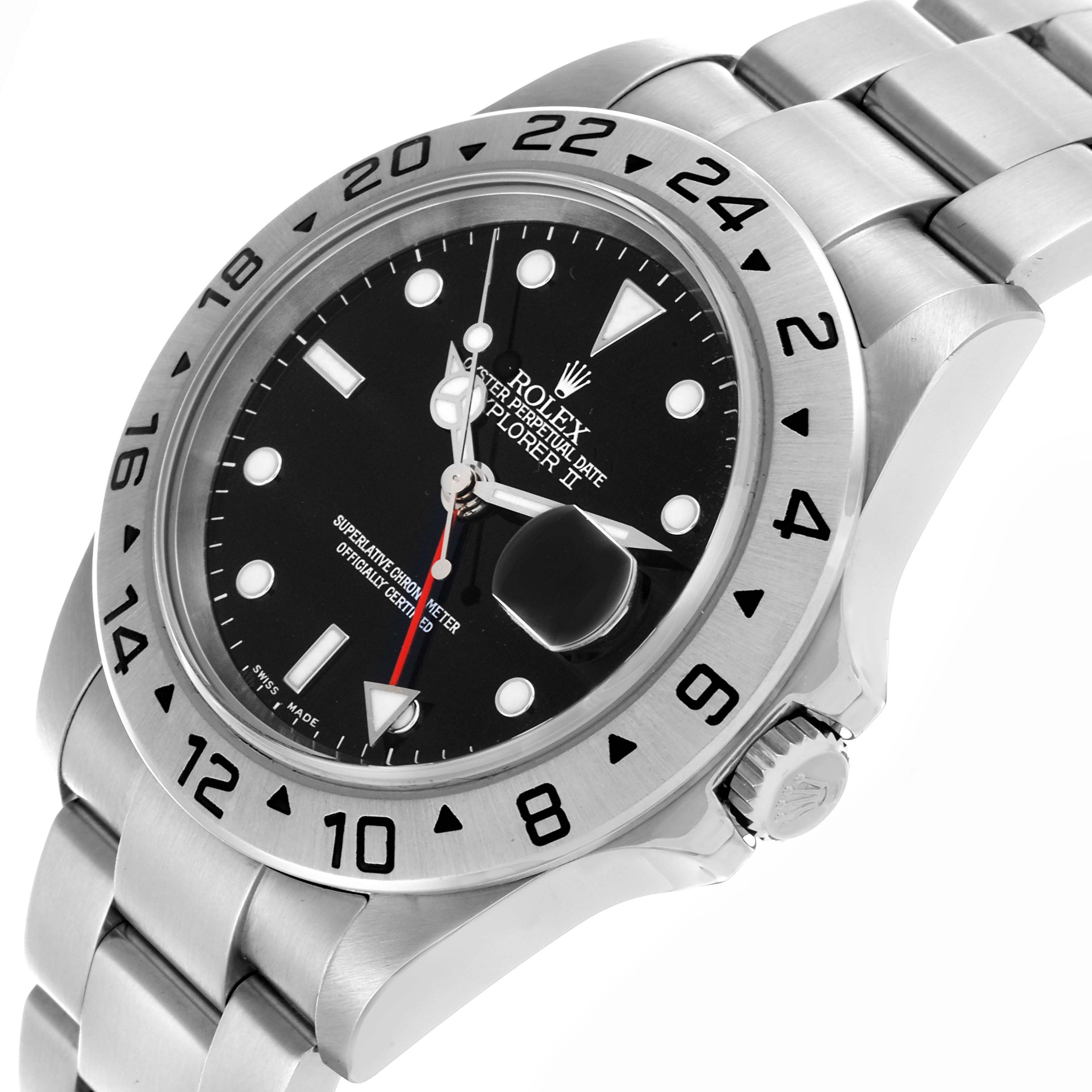 The Rolex Explorer 16570T Men
s Stainless Steel Black Dial 16570T Men
s Stainless Steel Black Dial watch is shown at an angled side view, displaying the face, bezel, and part of the bracelet.