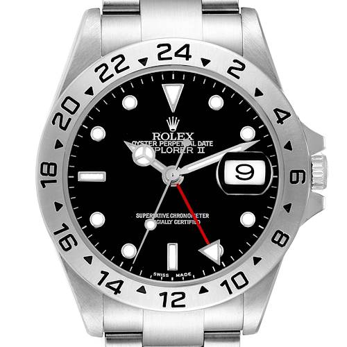 The image shows a front view of a Rolex Explorer II, highlighting its bezel, dial, crown, and bracelet top links.