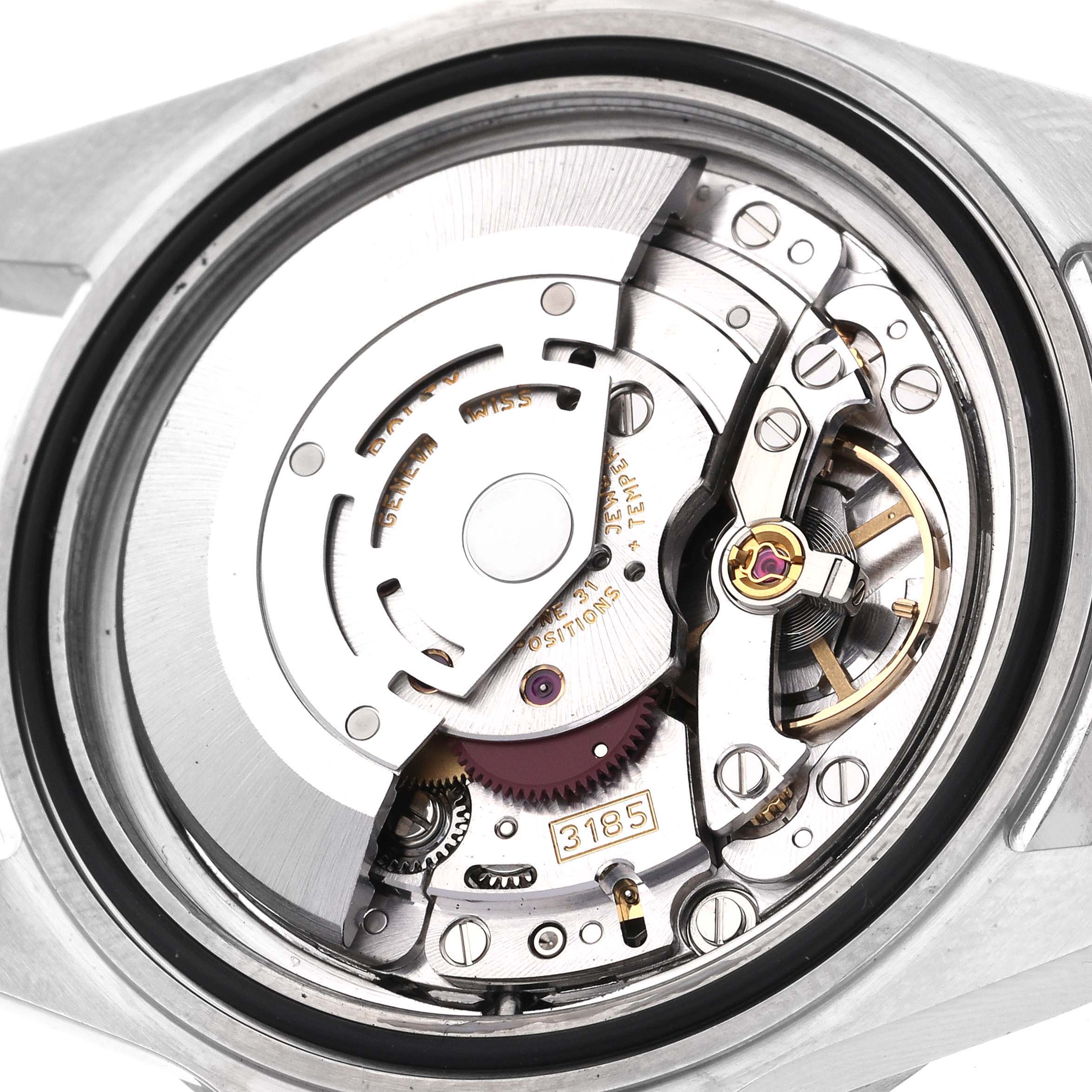 The image shows the internal movement mechanism of the Rolex Explorer 16570T Men
s Stainless Steel Black Dial 16570T Men
s Stainless Steel Black Dial watch from a top-down angle.