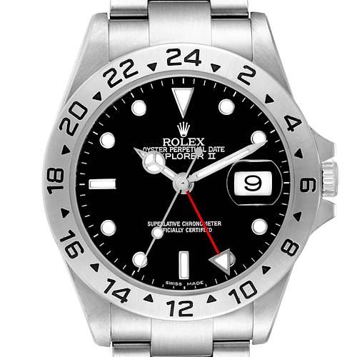 The image shows a front view of the Rolex Explorer II, highlighting the face, bezel, and part of the bracelet.