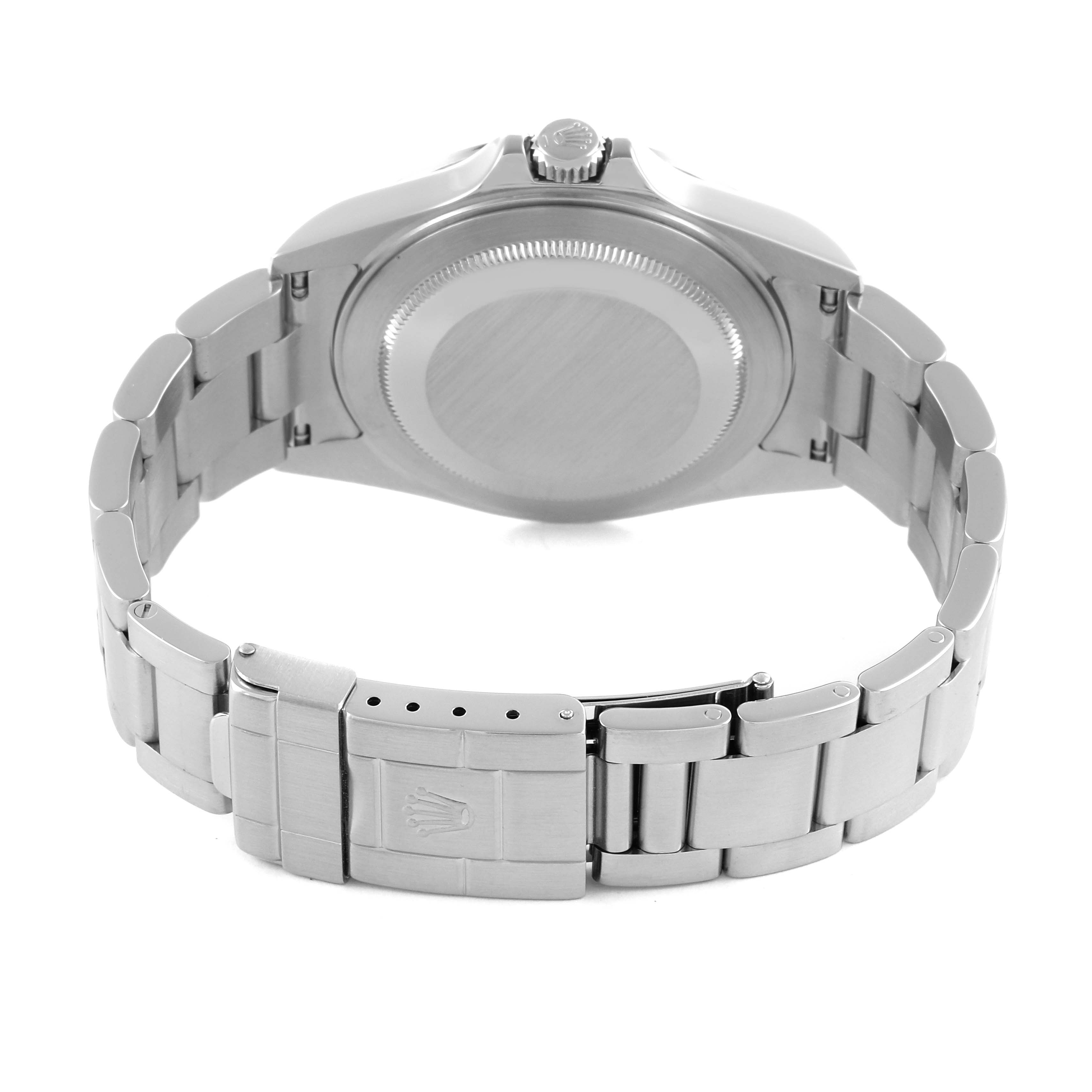 The image shows the back view of a Rolex Explorer 16570T Men's Stainless Steel Black Dial 16570T Men's Stainless Steel Black Dial, highlighting the case back, bracelet, and clasp.