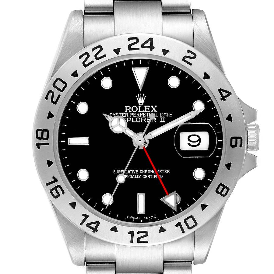 The Rolex Explorer II watch is shown from a front-facing angle, displaying the dial, bezel, hands, and date window.