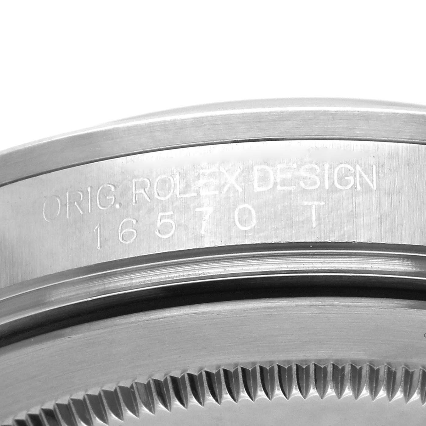 The image shows a close-up of the bezel and case side of the Rolex Explorer 16570T Men's Stainless Steel Black Dial 16570T Men's Stainless Steel Black Dial model, displaying the engraved model number.