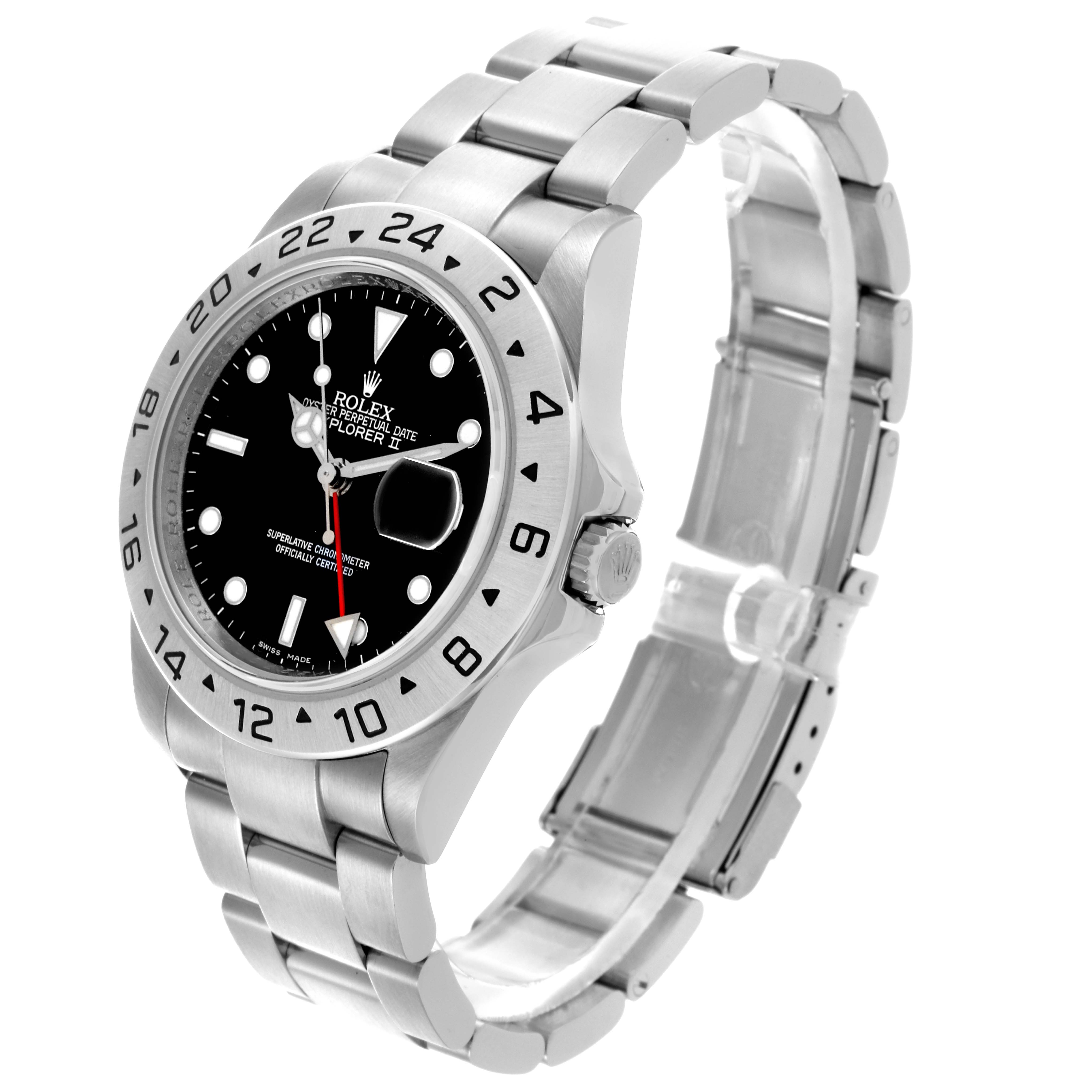 The Rolex Explorer 16570T Men's Stainless Steel Black Dial 16570T Men's Stainless Steel Black Dial model watch is shown from a three-quarter angle, displaying the watch face, bezel, and metal bracelet.