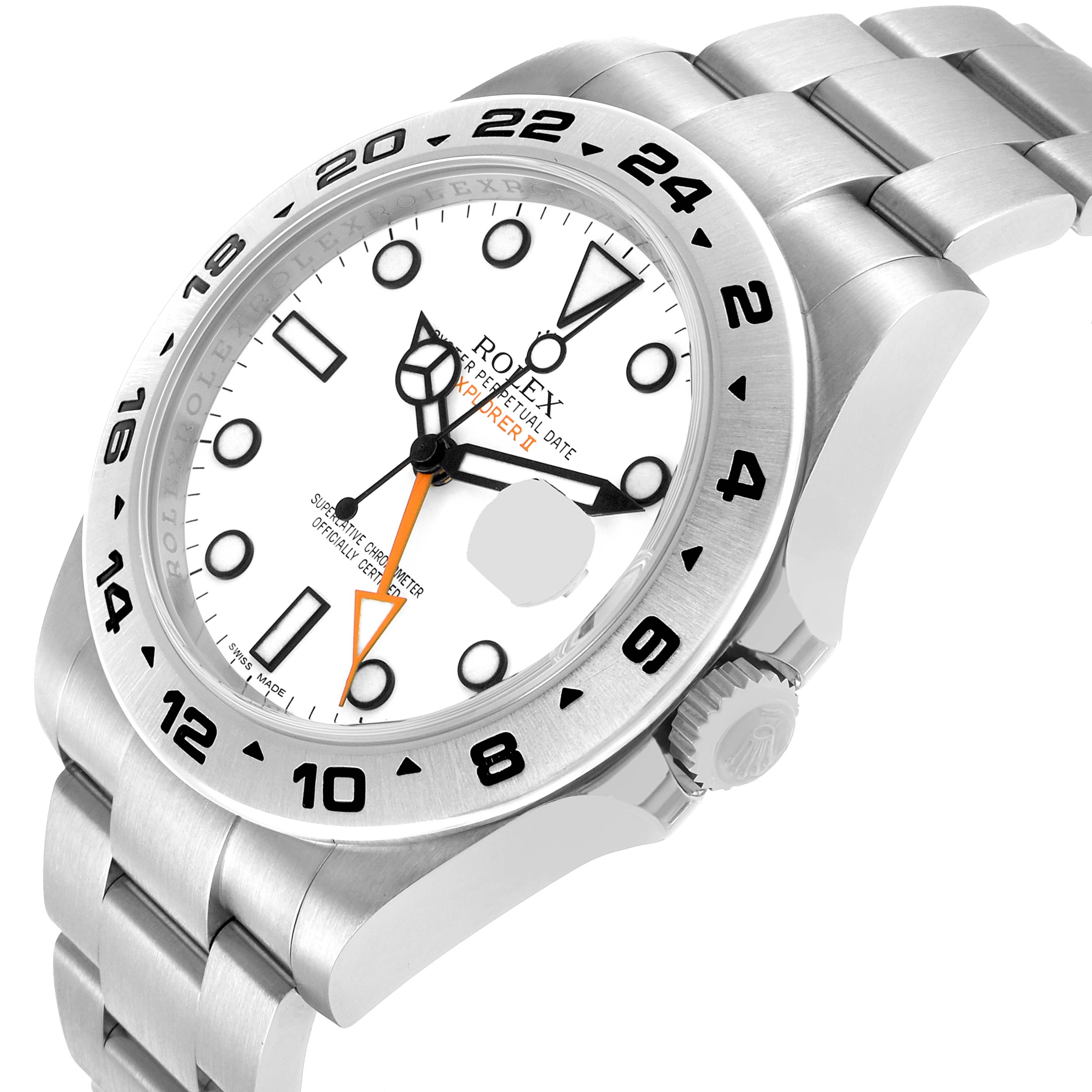 The Rolex Explorer 216570 Men's Stainless Steel White Dial model is shown from an angled side view, highlighting the dial, bezel, bracelet, and crown.