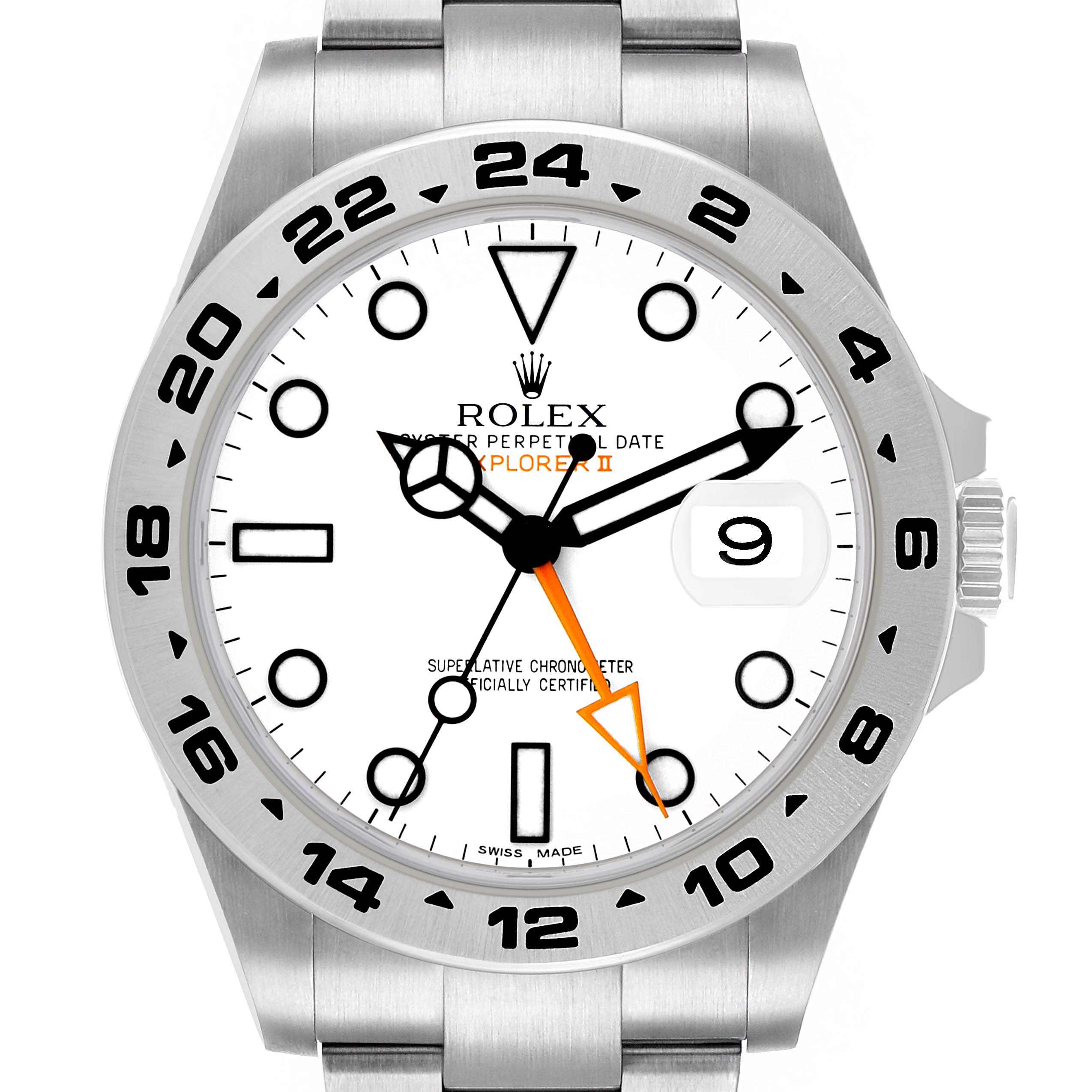 The Rolex Explorer 216570 Men's Stainless Steel White Dial model watch is shown from a front view, highlighting the white dial, markers, hands, bezel, and crown.