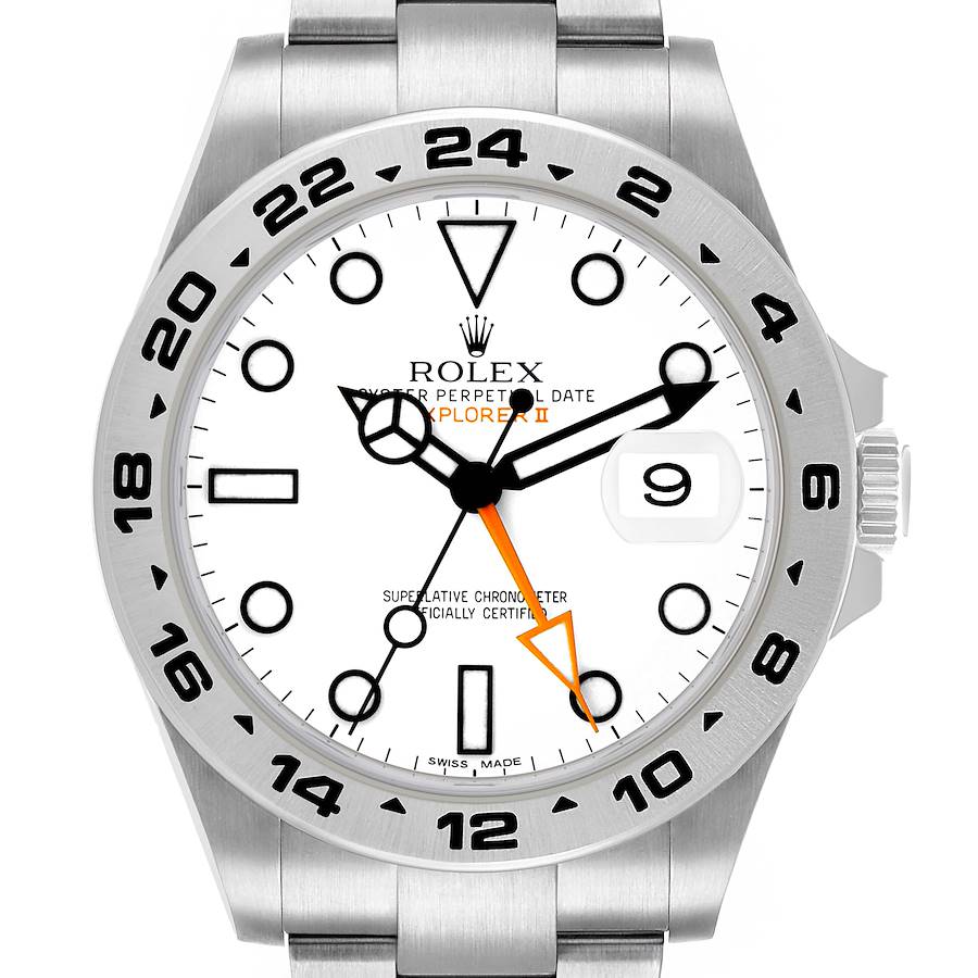 The Rolex Explorer 216570 Men's Stainless Steel White Dial model watch is shown from a front view, highlighting the white dial, markers, hands, bezel, and crown.