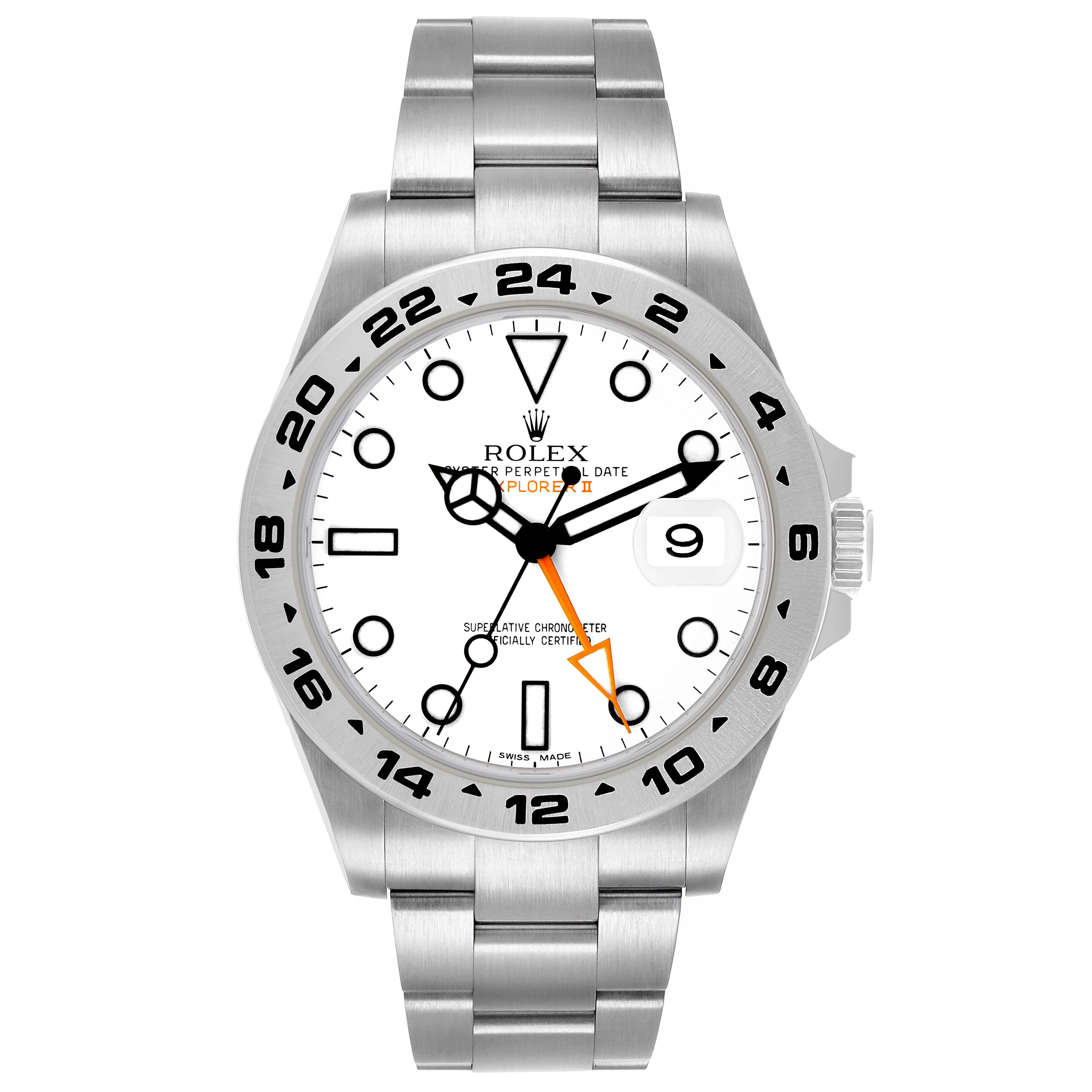 The image shows a front view of a Rolex Explorer 216570 Men's Stainless Steel White Dial watch featuring its dial, bezel, bracelet, and crown.