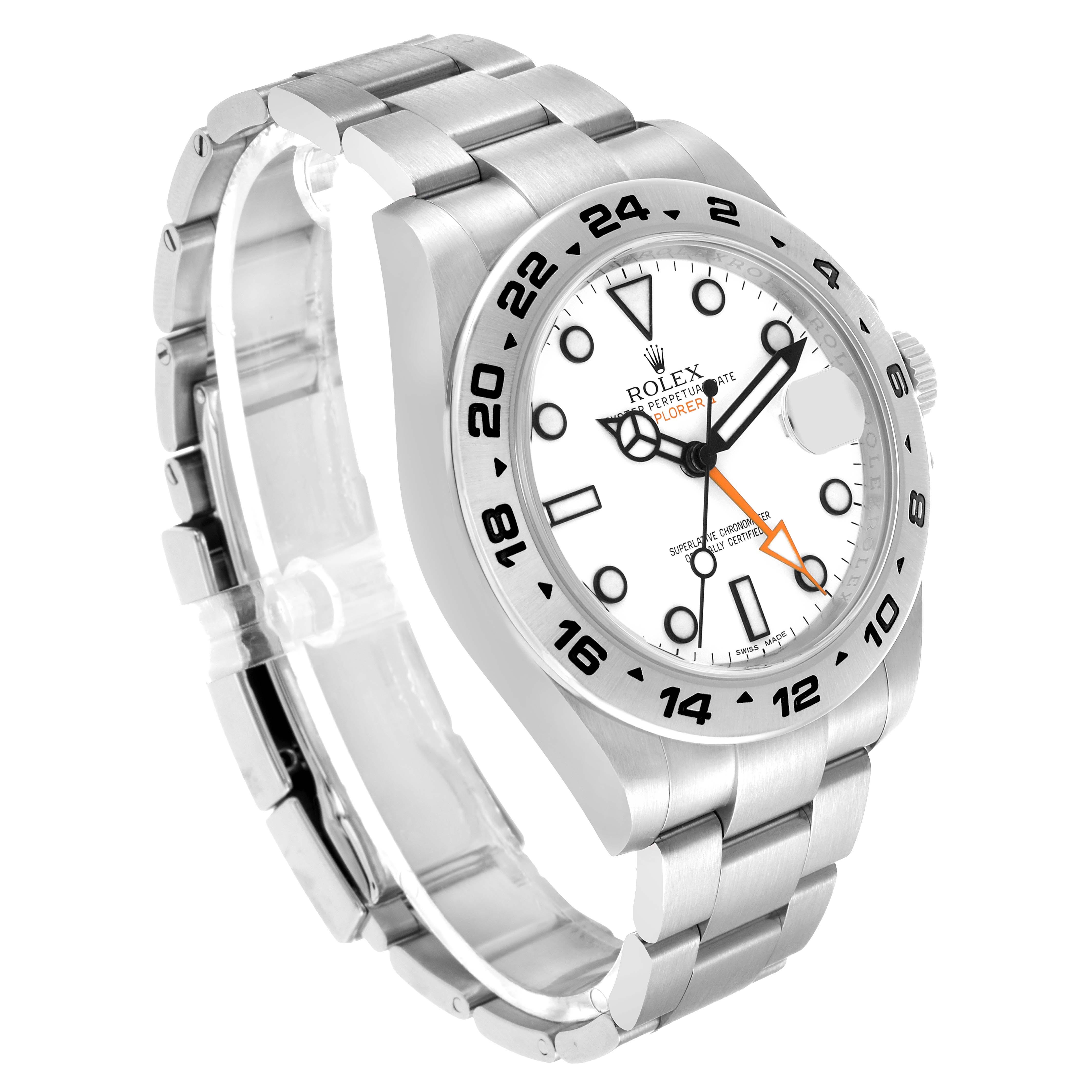 The Rolex Explorer 216570 Men's Stainless Steel White Dial watch is shown at a three-quarter angle, highlighting the face, bezel, and bracelet.