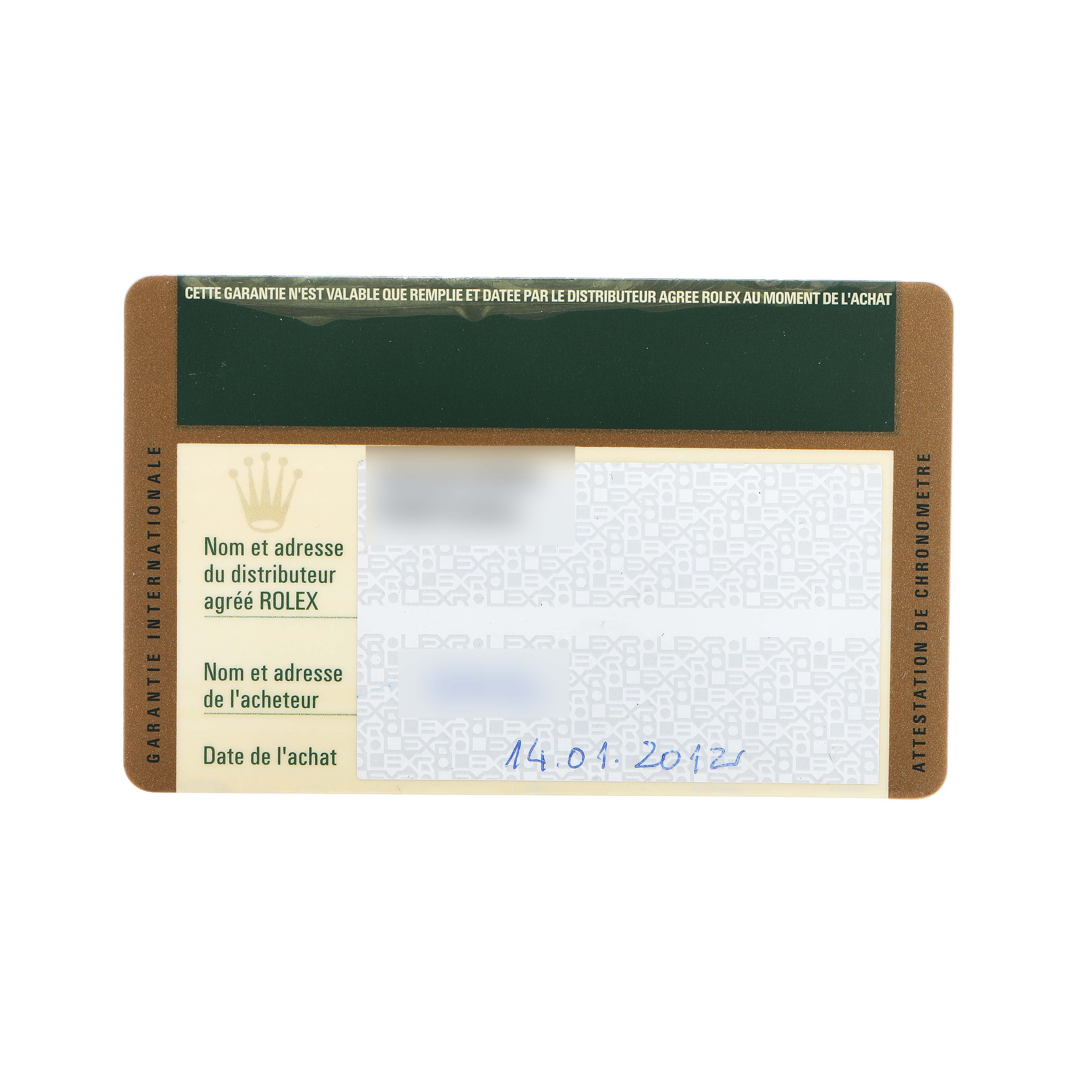 The image shows a Rolex guarantee card for the Explorer model, featuring spaces for distributor and buyer details.