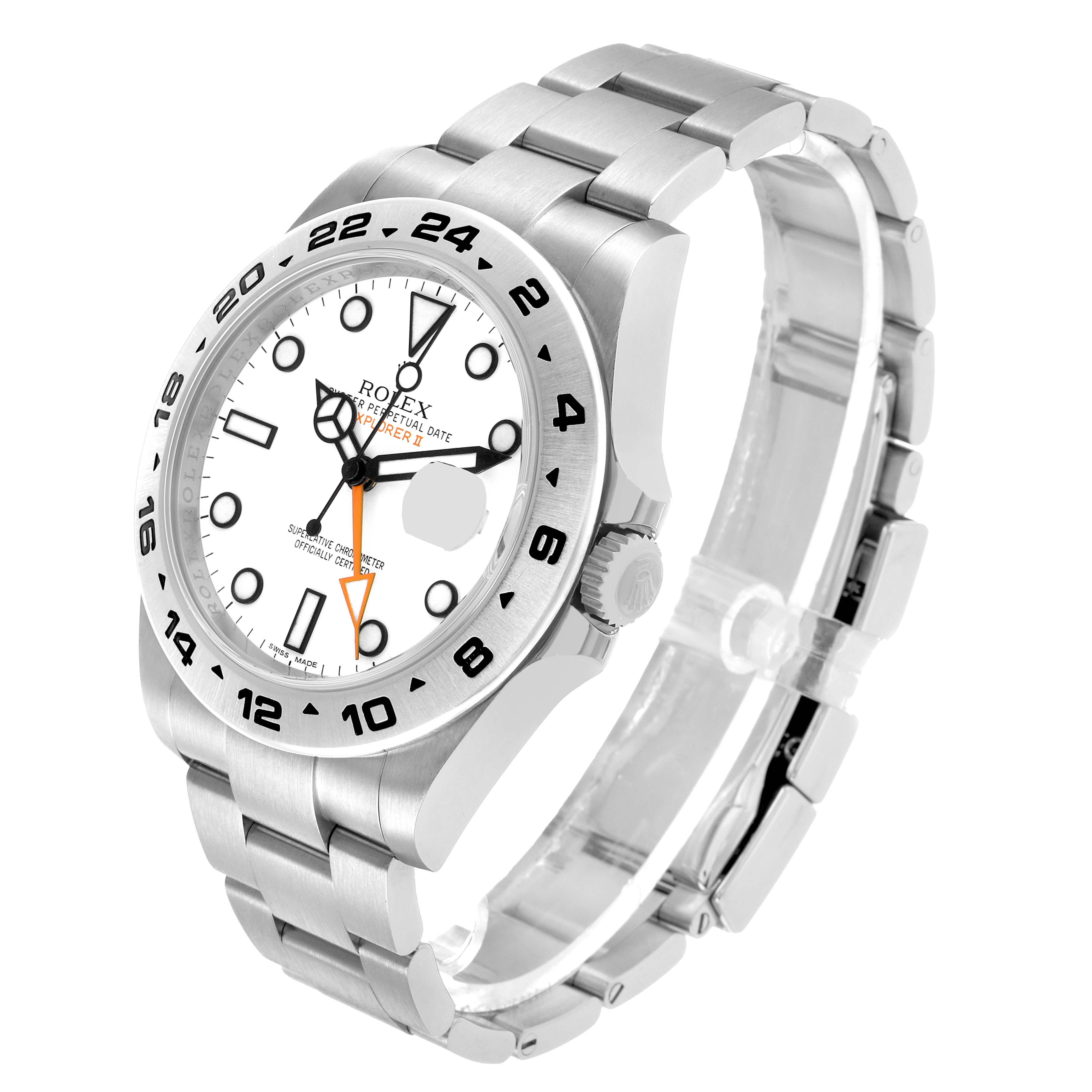 The Rolex Explorer 216570 Men's Stainless Steel White Dial watch is shown at a three-quarter angle, displaying the face, bezel, case, and bracelet.