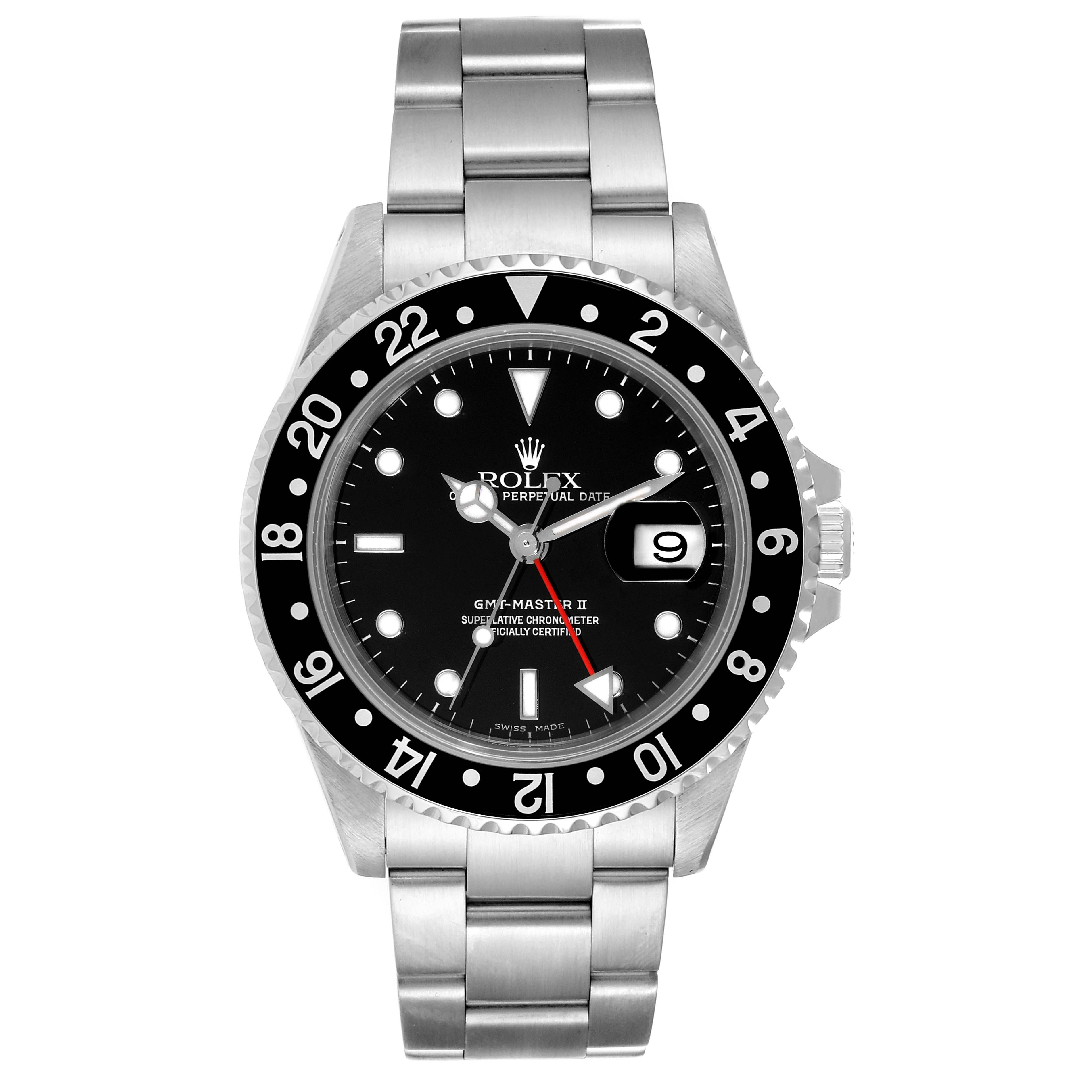 The image shows a front view of the Rolex GMT-Master 16710 Men
s Stainless Steel Black Dial 16710 Men
s Stainless Steel Black Dial II watch, displaying its dial, bezel, and stainless steel bracelet.