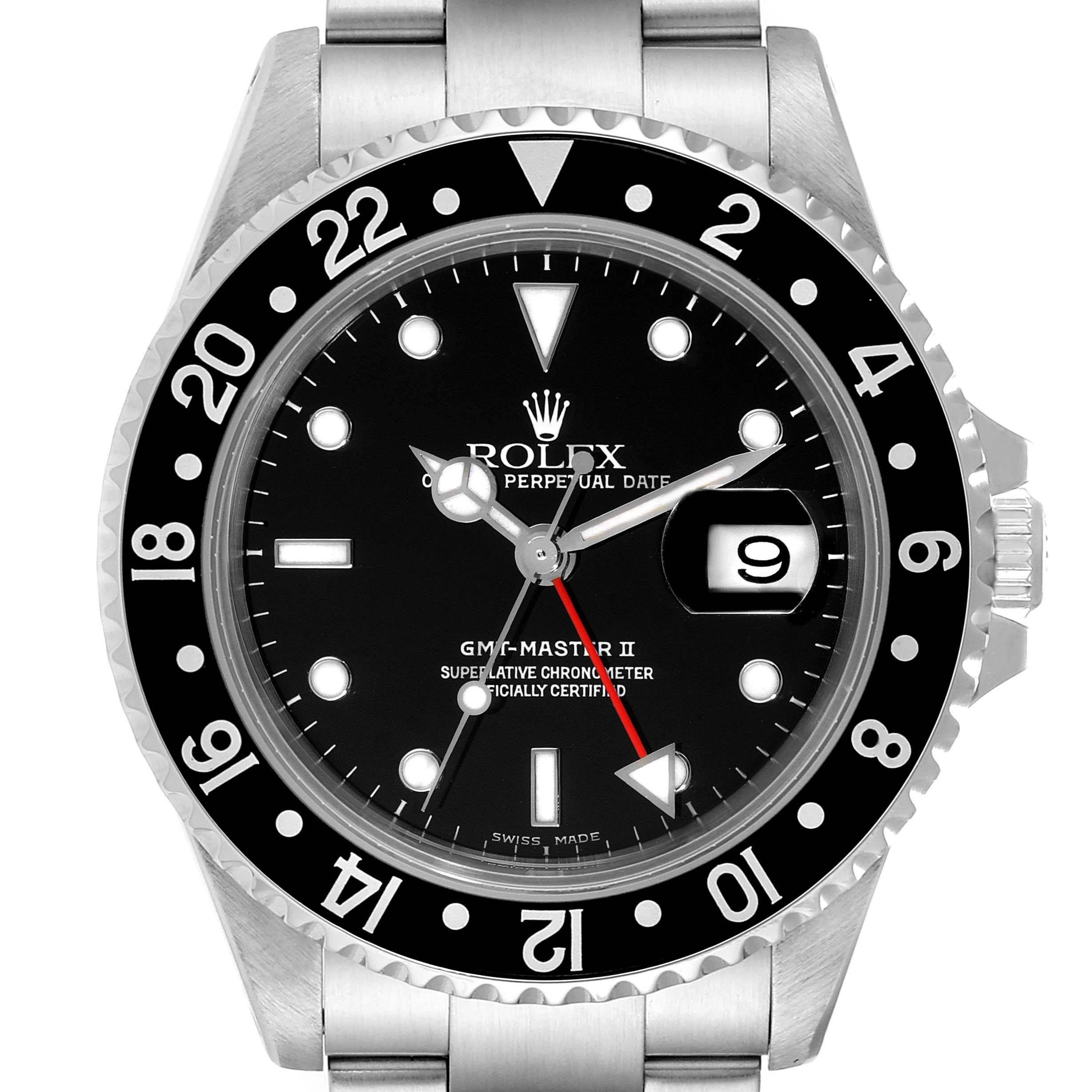 The image shows a front view of a Rolex GMT-Master 16710 Men
s Stainless Steel Black Dial 16710 Men
s Stainless Steel Black Dial II watch, highlighting the dial, bezel, and part of the bracelet.