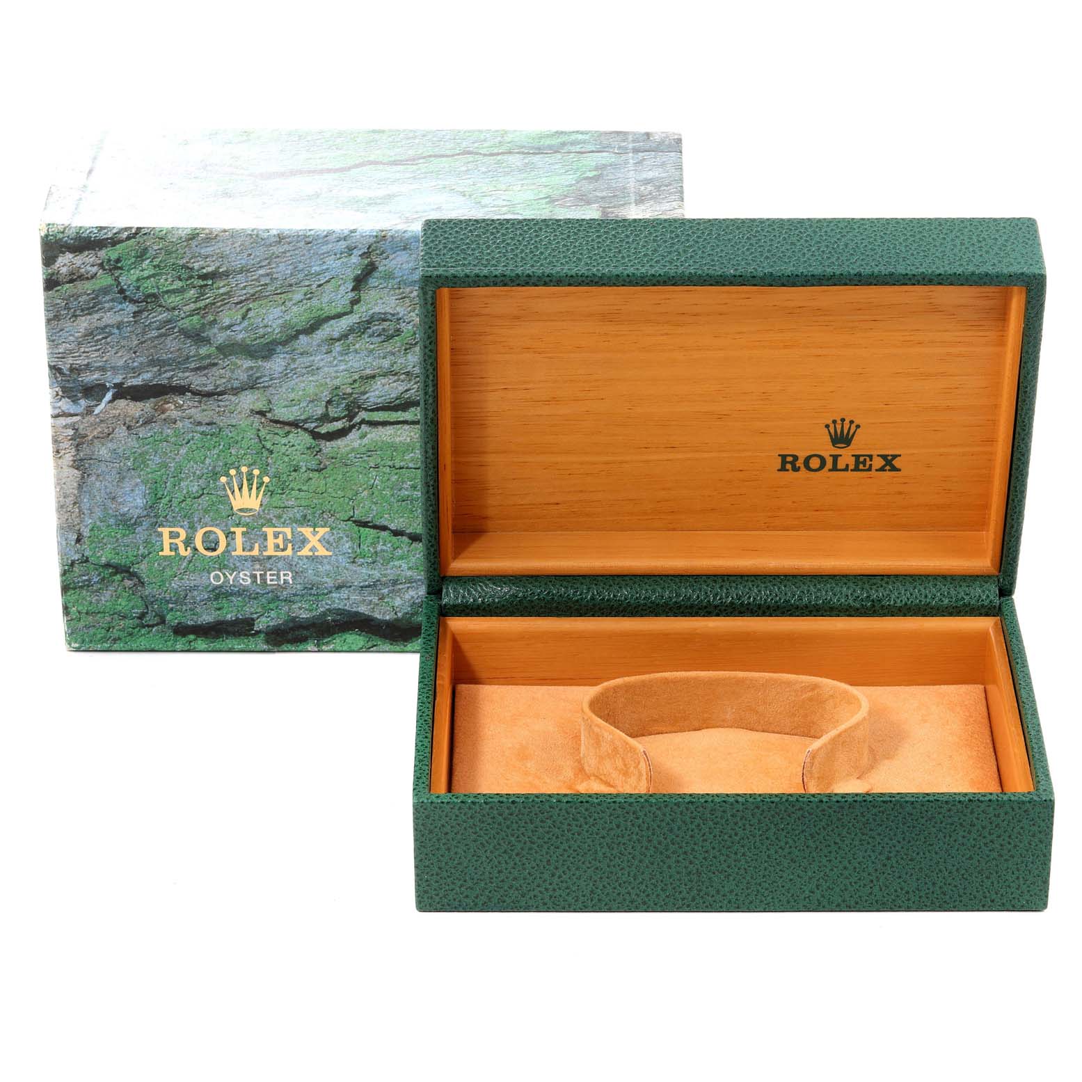 This image shows an open Rolex GMT-Master 16710 Men
s Stainless Steel Black Dial 16710 Men
s Stainless Steel Black Dial watch box with green exterior and brown interior, alongside a matching outer box.