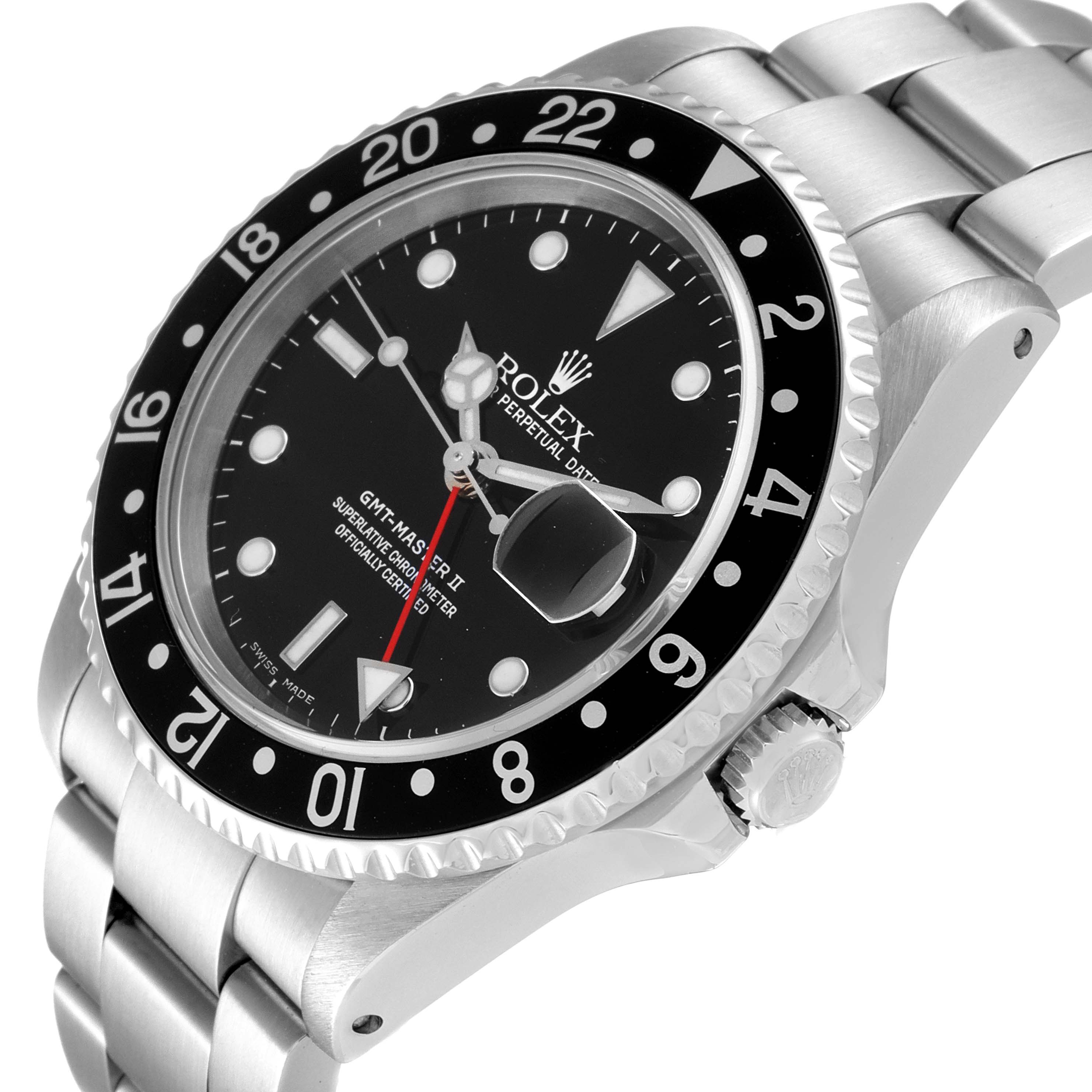 The image shows a Rolex GMT-Master 16710 Men
s Stainless Steel Black Dial 16710 Men
s Stainless Steel Black Dial II watch from an angled view, highlighting the face, bezel, and bracelet.