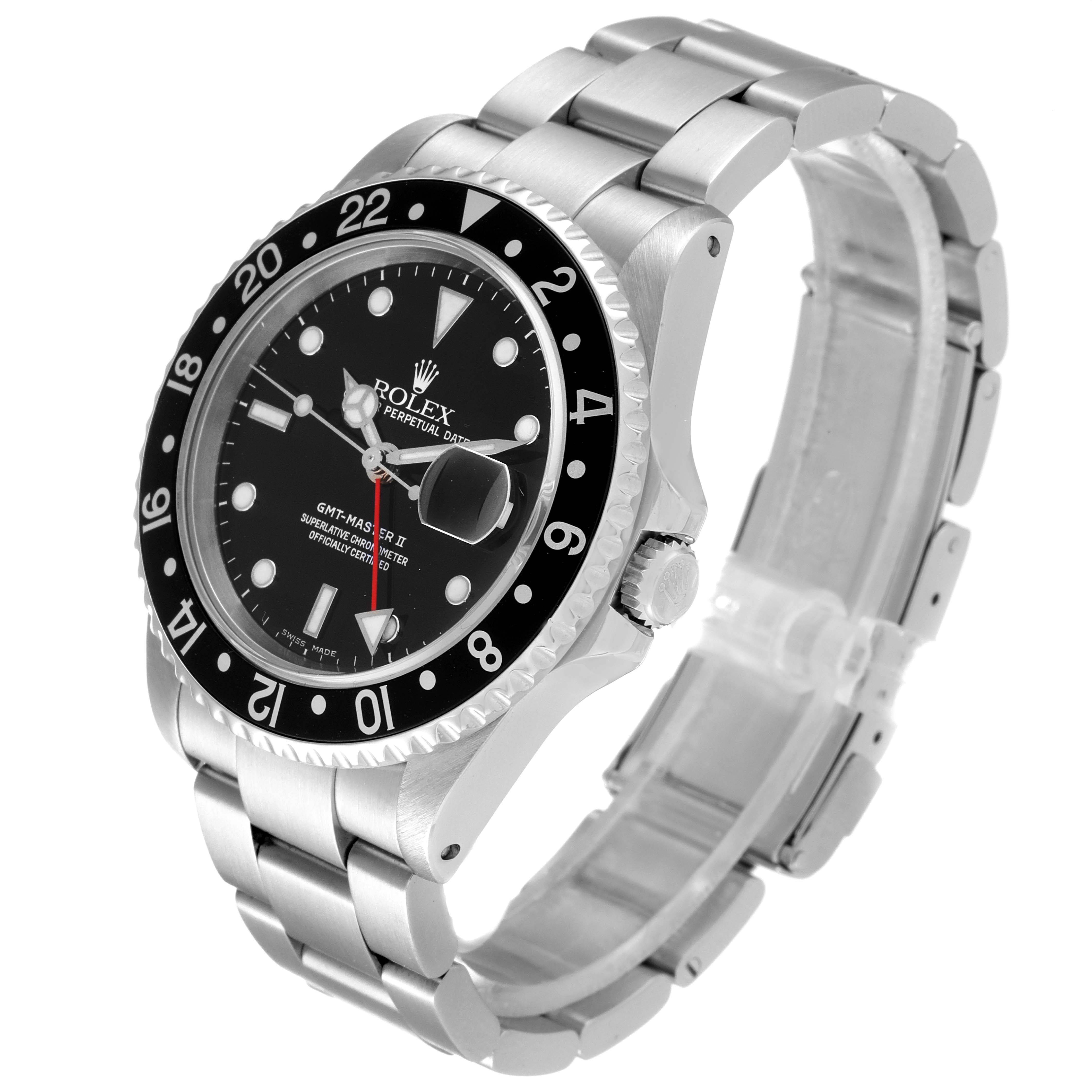 The image shows a Rolex GMT-Master 16710 Men
s Stainless Steel Black Dial 16710 Men
s Stainless Steel Black Dial II watch at a three-quarter angle, highlighting its bezel, dial, and bracelet.