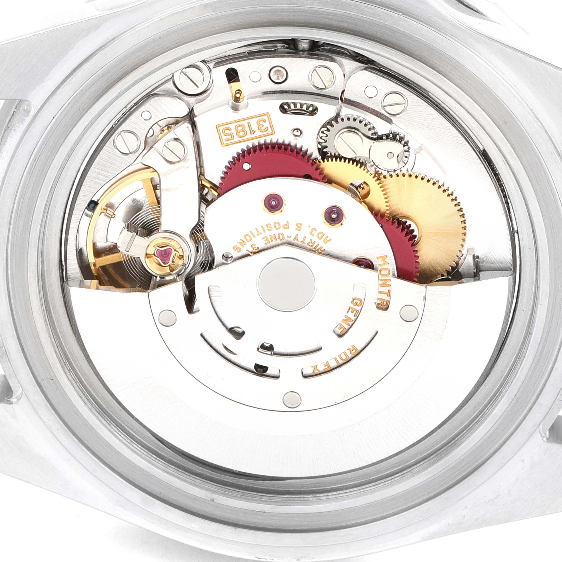 The image shows the internal movement mechanism of the Rolex GMT-Master 16710 Men
s Stainless Steel Black Dial 16710 Men
s Stainless Steel Black Dial watch with visible gears and components.