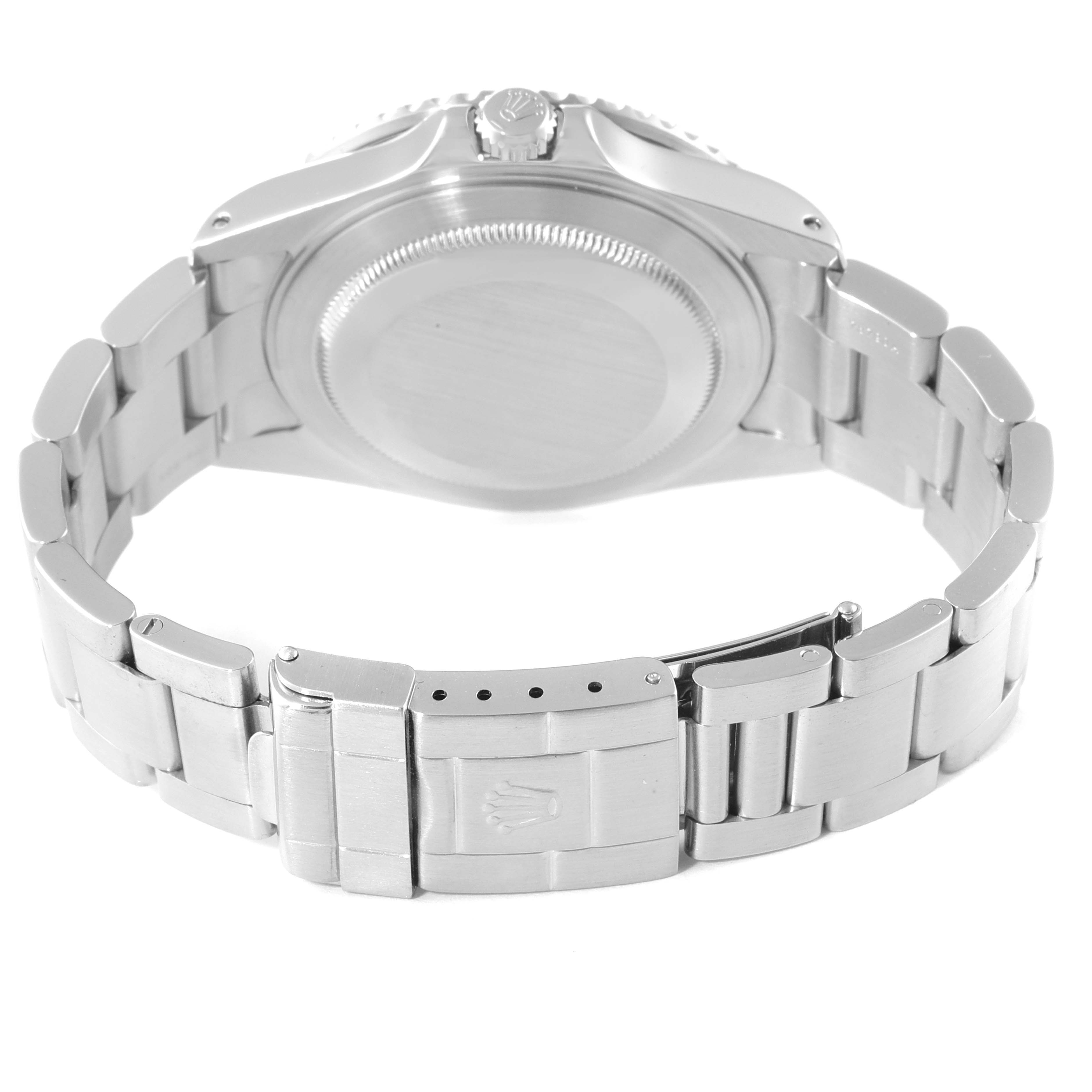 The image shows the back view of a Rolex GMT-Master 16710 Men
s Stainless Steel Black Dial 16710 Men
s Stainless Steel Black Dial watch, highlighting the case back, crown, and metal bracelet with a clasp.