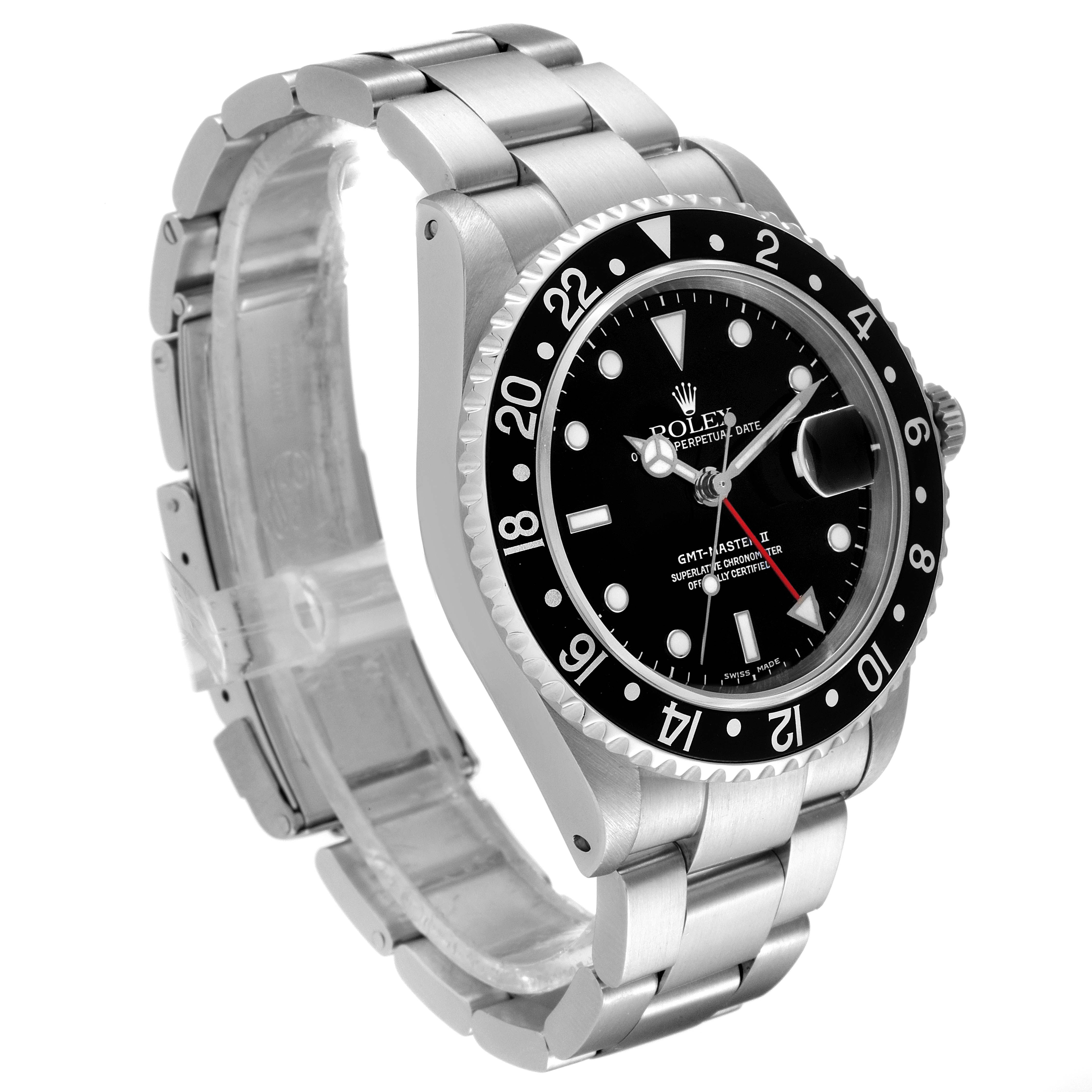 The Rolex GMT-Master 16710 Men
s Stainless Steel Black Dial 16710 Men
s Stainless Steel Black Dial watch is shown at a slight angle, displaying its face, bezel, and bracelet.
