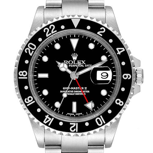 The image shows a front view of a Rolex GMT-Master II watch, highlighting its dial, hands, bezel, and date window.