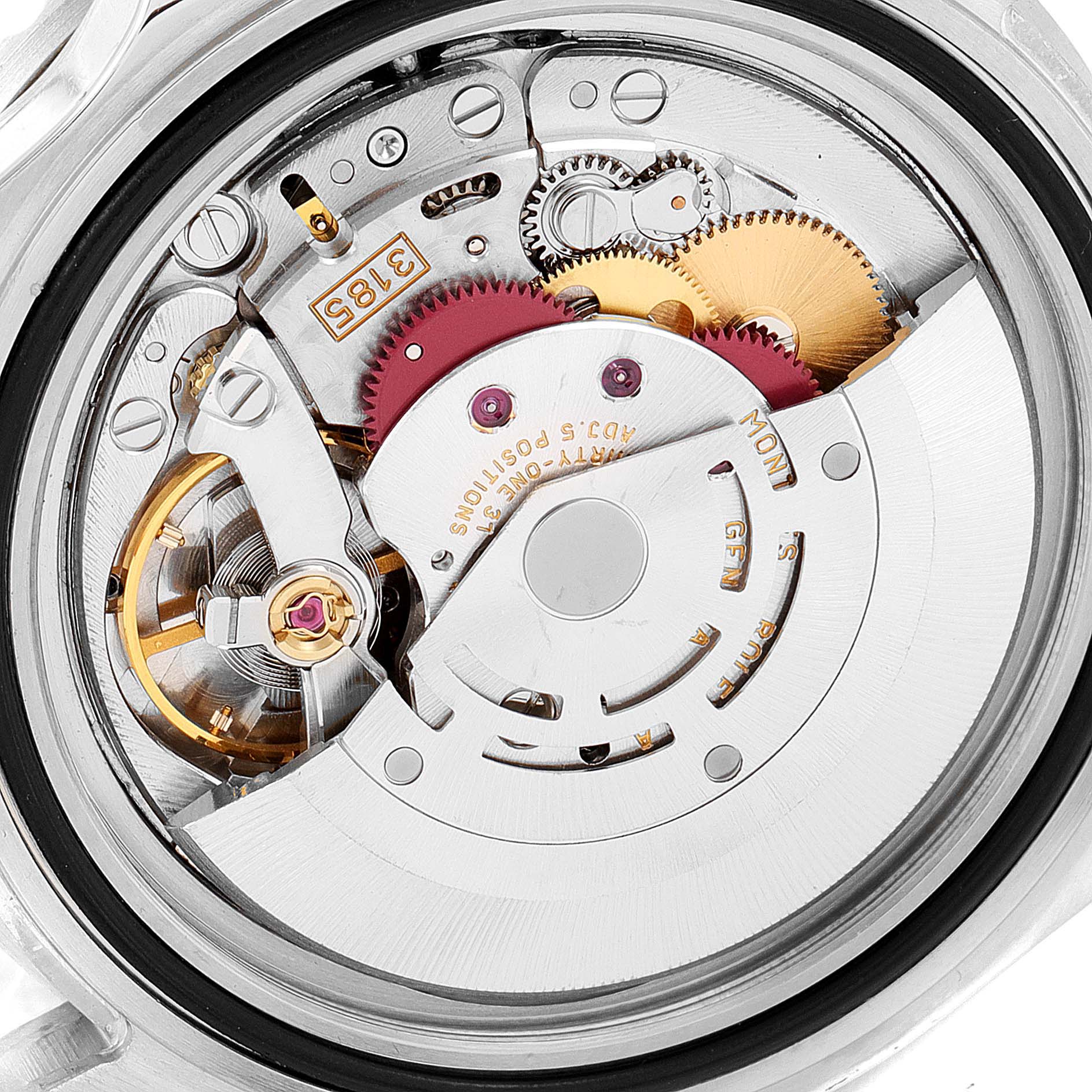 This image shows the inner mechanism of a Rolex GMT-Master 16710 Men
s Stainless Steel Black Dial 16710 Men
s Stainless Steel Black Dial watch, including gears, rotors, and other movement components.