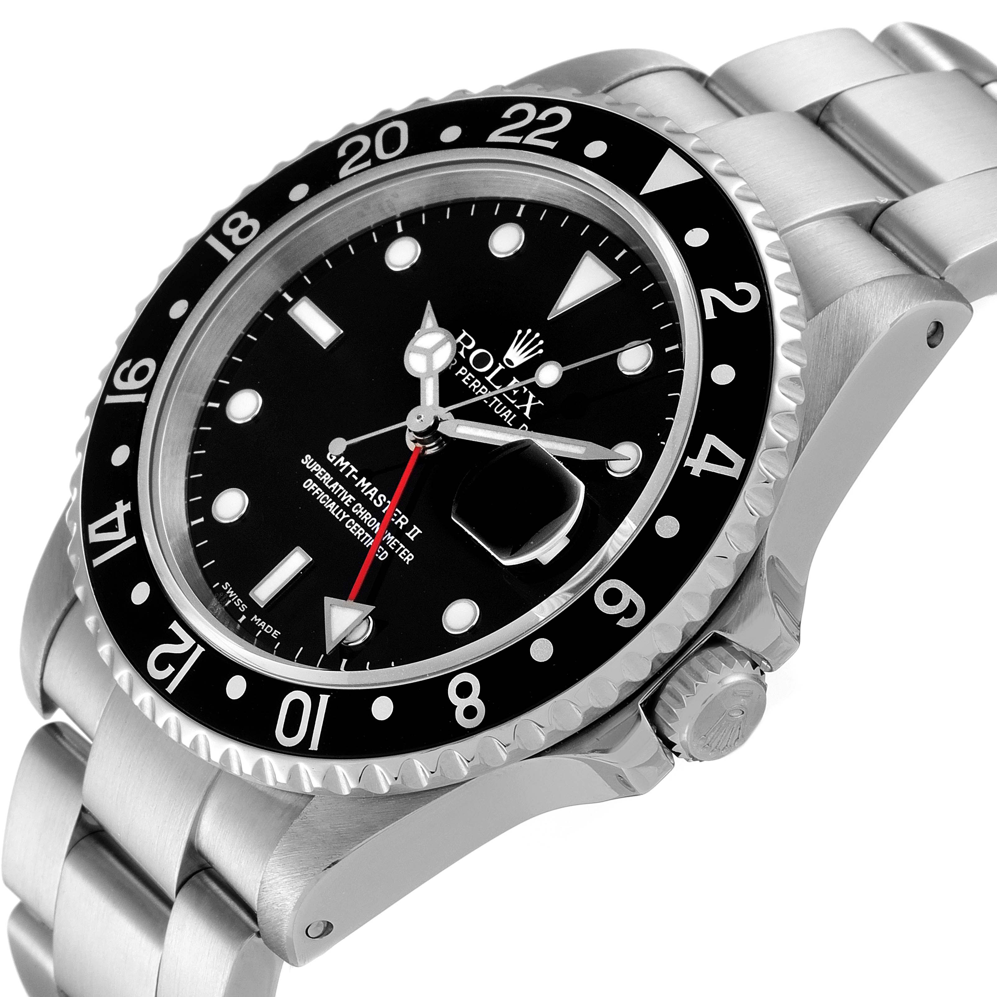 The image shows a Rolex GMT-Master 16710 Men
s Stainless Steel Black Dial 16710 Men
s Stainless Steel Black Dial II watch at an angle highlighting the face, bezel, crown, and part of the bracelet.