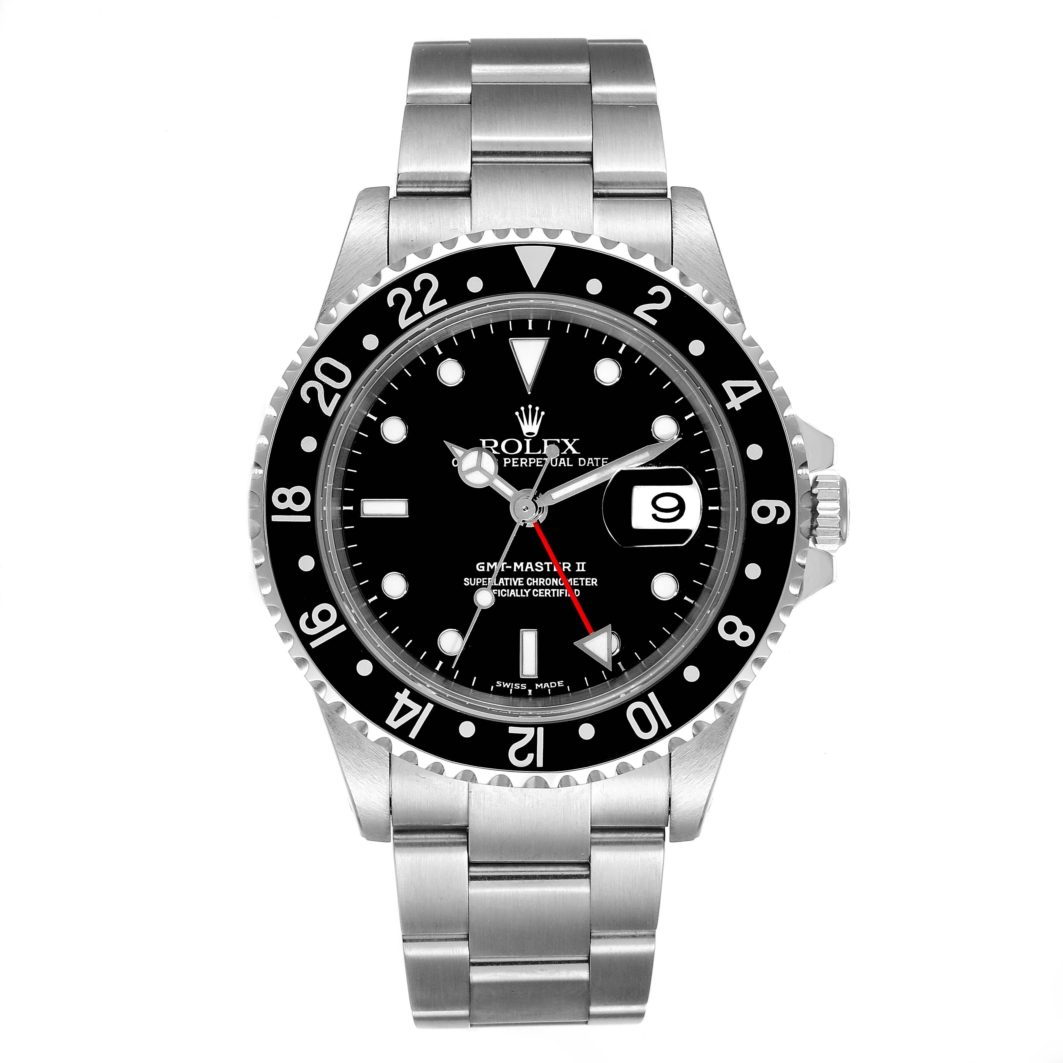 The Rolex GMT-Master 16710 Men
s Stainless Steel Black Dial 16710 Men
s Stainless Steel Black Dial watch is shown from a front angle, displaying the dial, bezel, and bracelet.