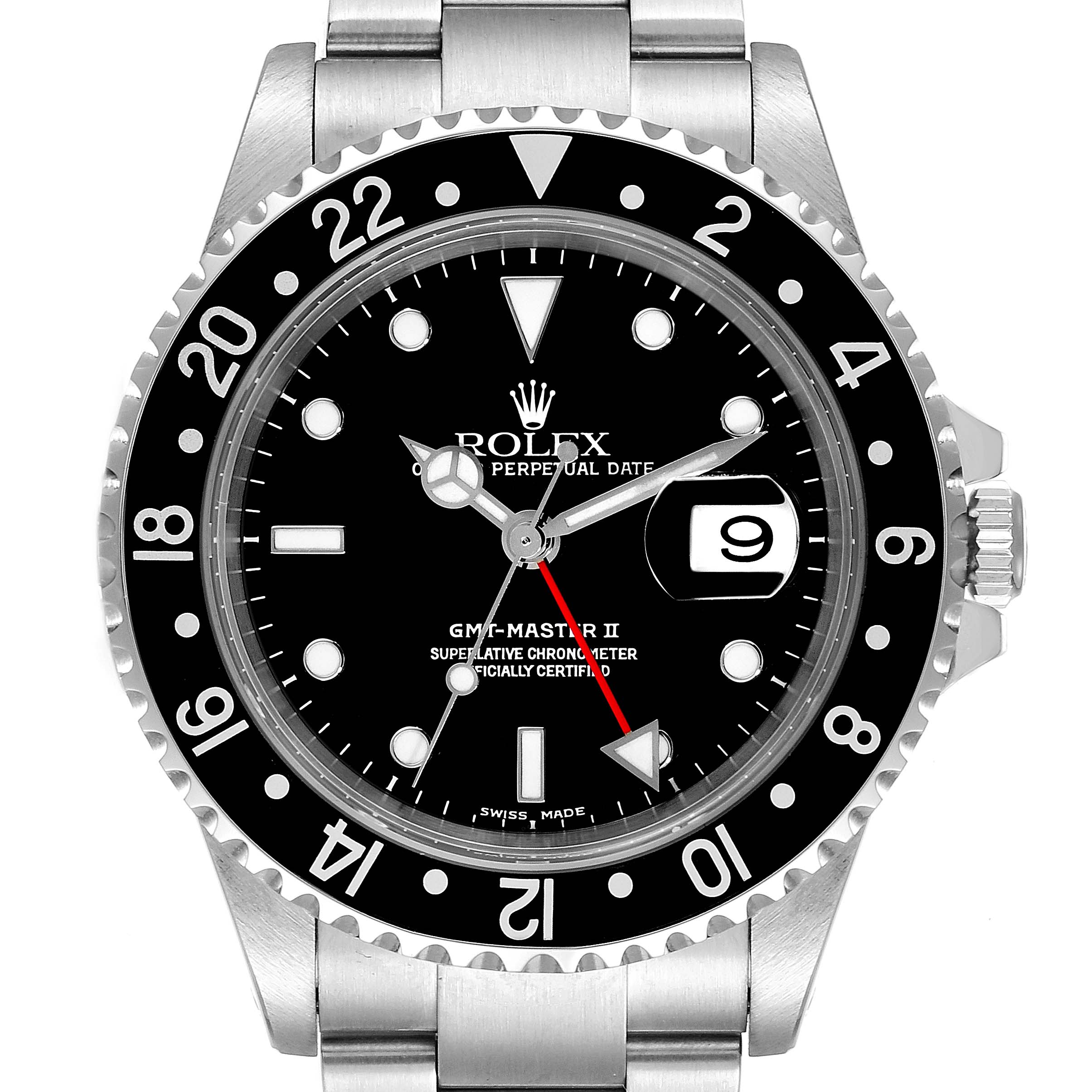The image shows the front view of a Rolex GMT-Master 16710 Men
s Stainless Steel Black Dial 16710 Men
s Stainless Steel Black Dial II watch, including the dial, bezel, and part of the bracelet.