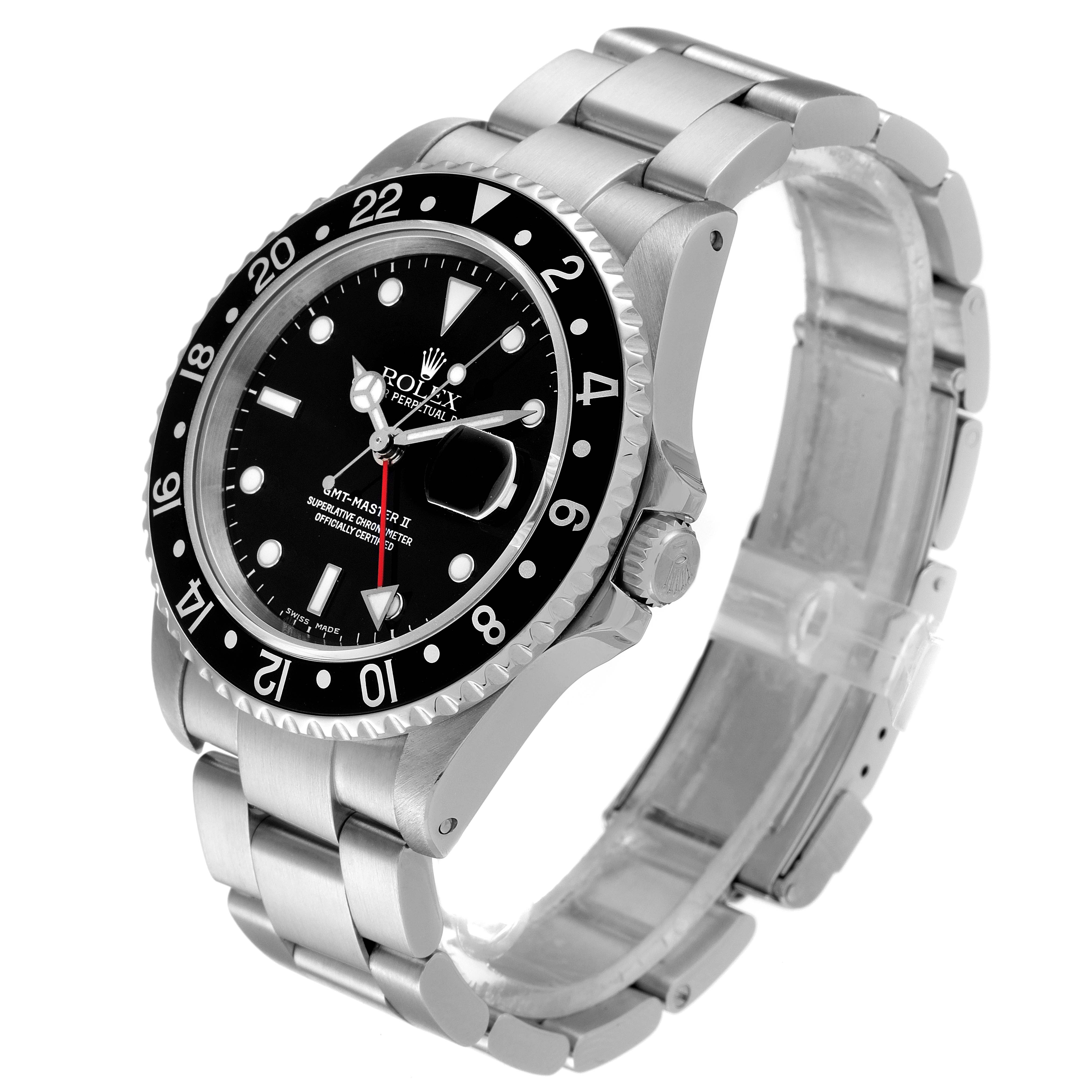 The image shows a Rolex GMT-Master 16710 Men
s Stainless Steel Black Dial 16710 Men
s Stainless Steel Black Dial watch at a three-quarter angle, showcasing its bezel, dial, crown, and bracelet.