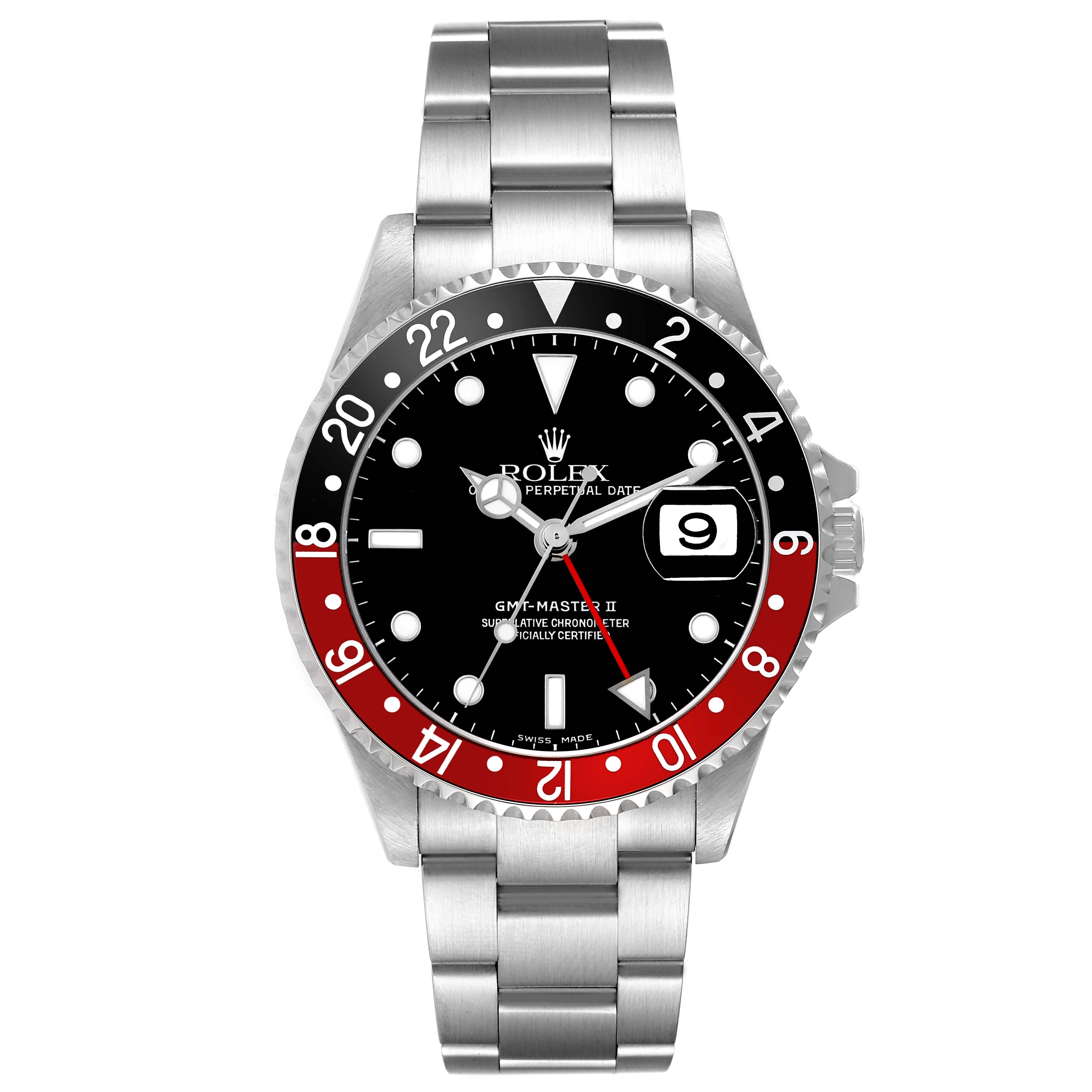 The Rolex GMT-Master 16710 Men's Stainless Steel Black Dial watch is shown from a front angle, displaying the full face, bezel, and bracelet.