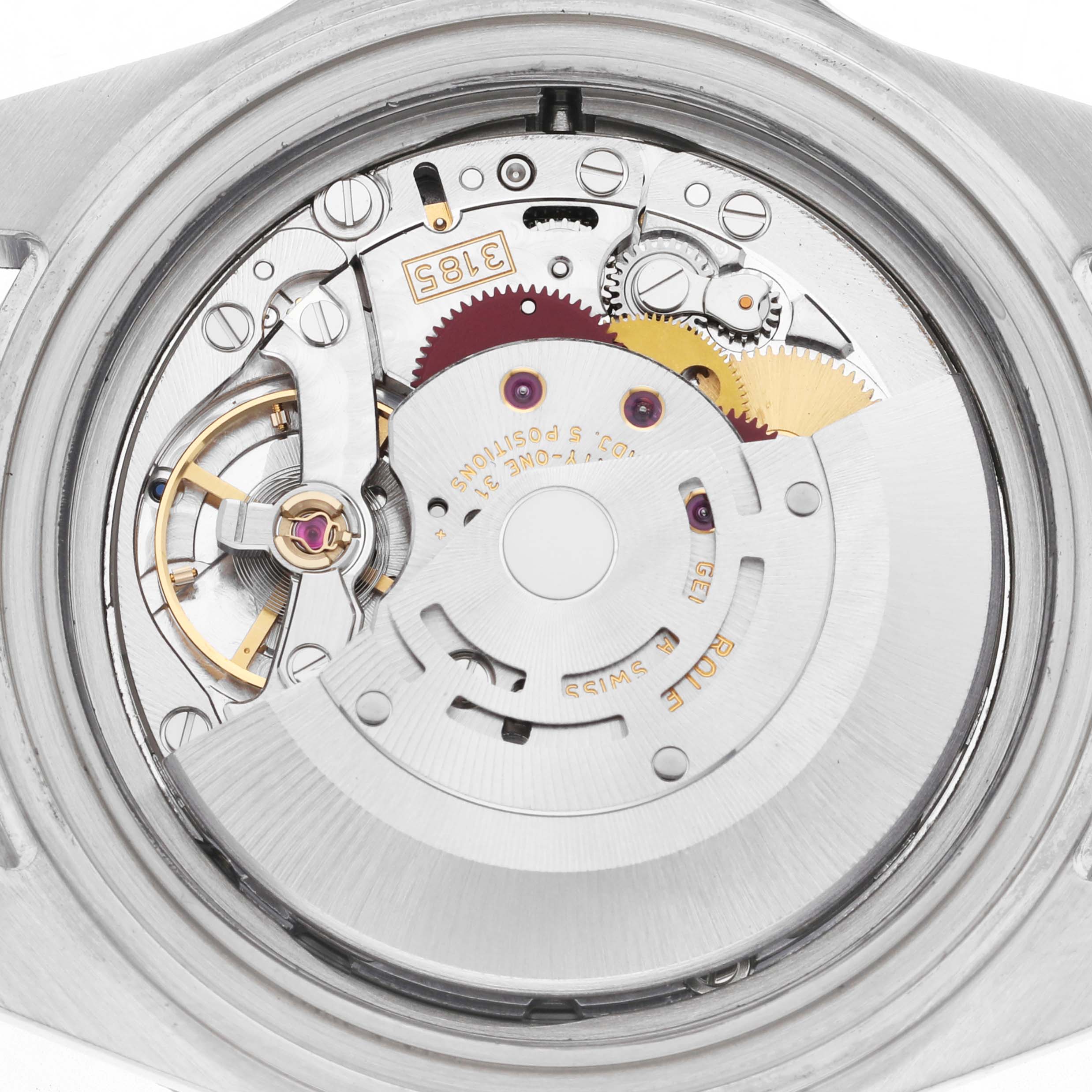 This image shows the internal movement of a Rolex GMT-Master 16710 Men's Stainless Steel Black Dial watch viewed from the back.