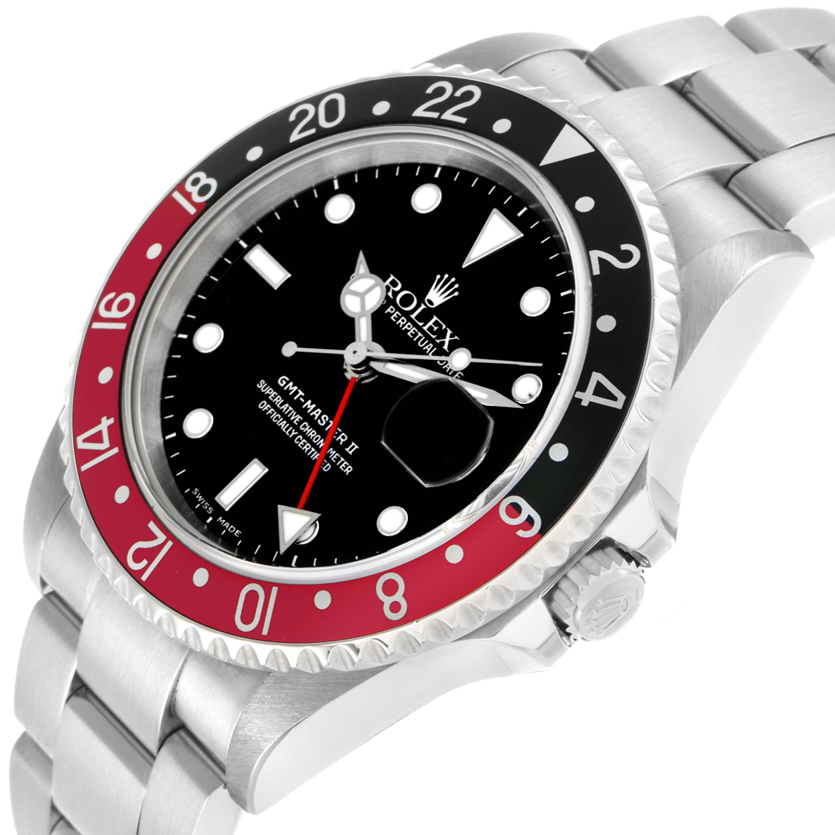 The image shows a Rolex GMT-Master 16710 Men's Stainless Steel Black Dial watch at a slight angle, highlighting the bezel, dial, and part of the strap.