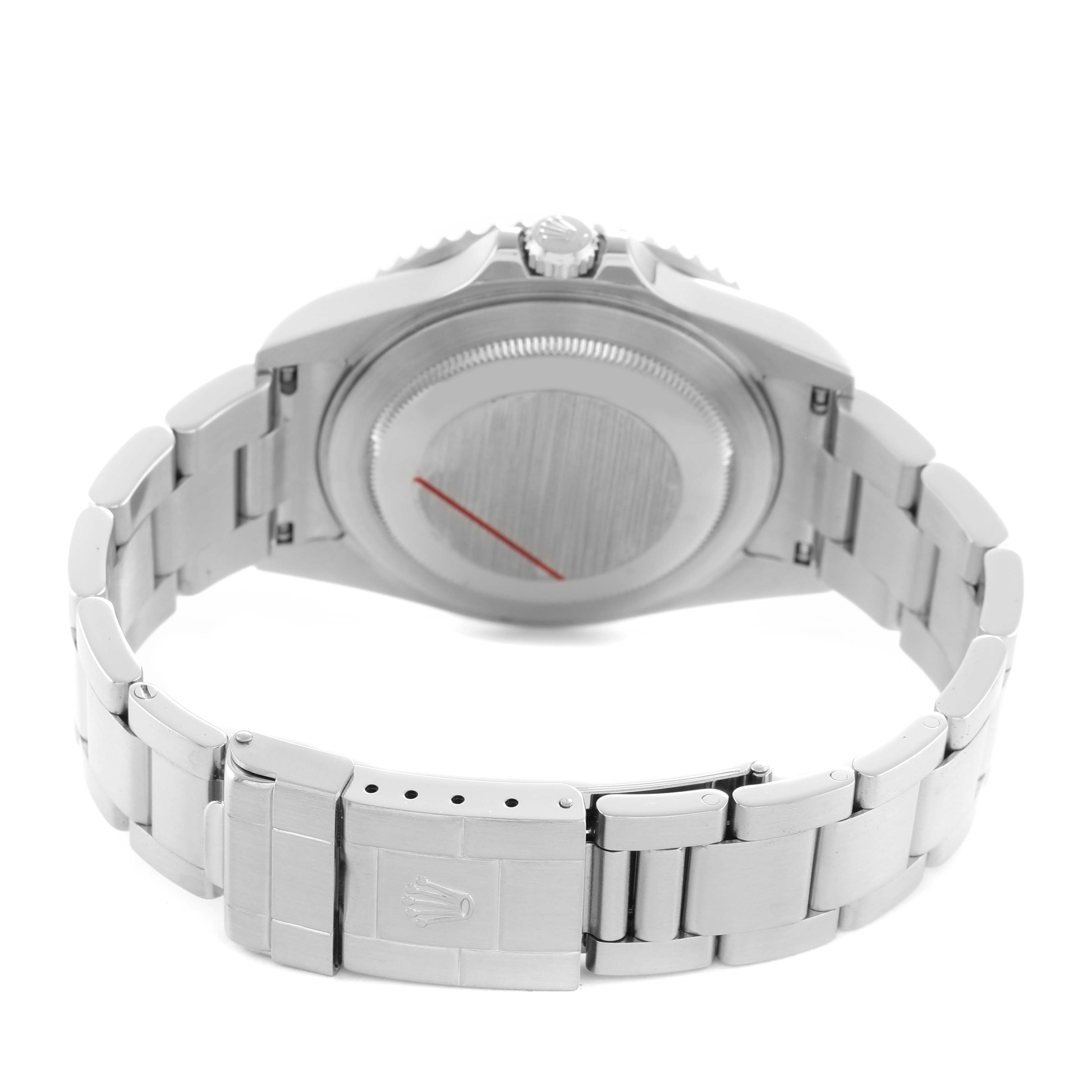 The image shows the back view of a Rolex GMT-Master 16710 Men's Stainless Steel Black Dial, highlighting the case back and bracelet.