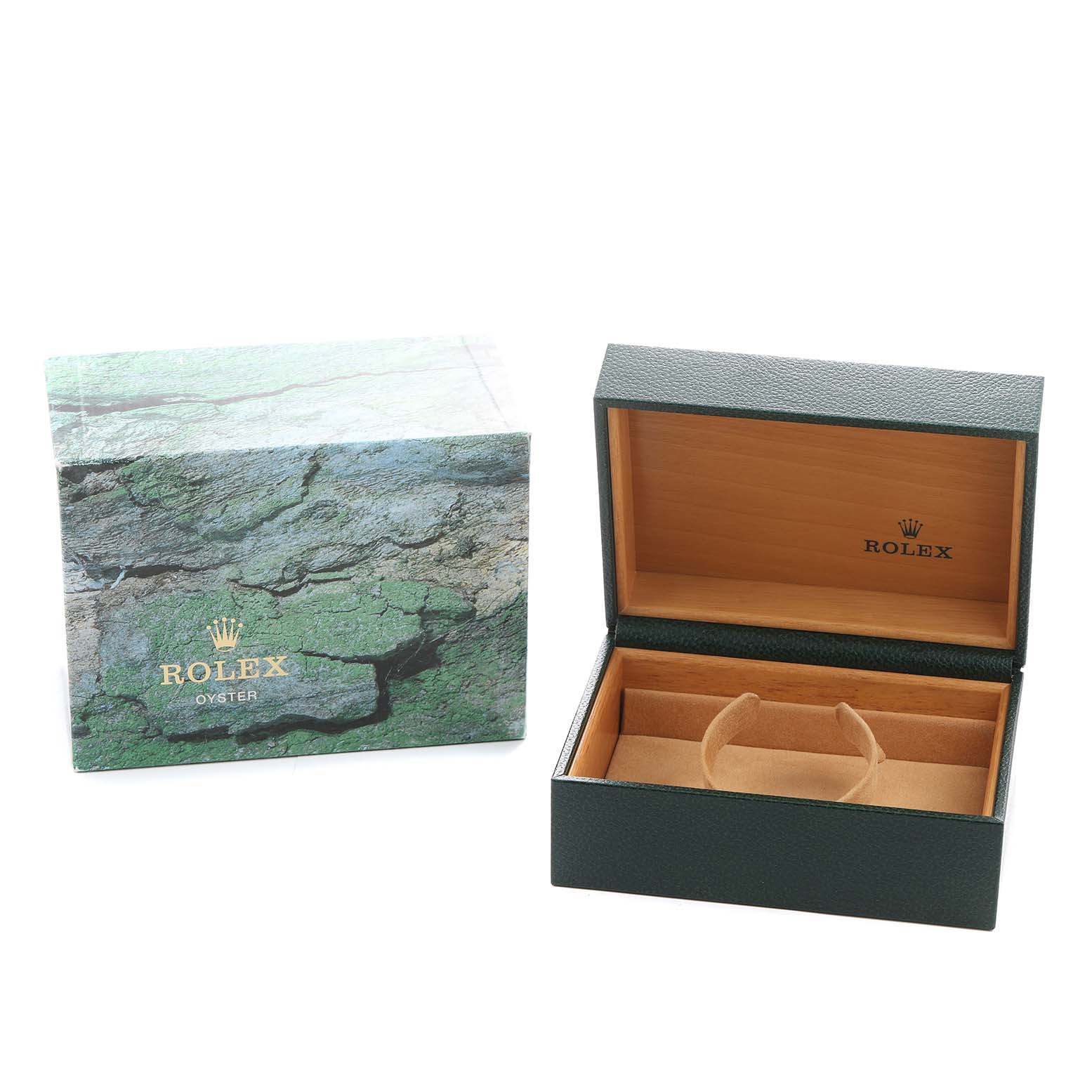 The image shows a Rolex GMT-Master 16710 Men's Stainless Steel Black Dial watch box and outer packaging from a frontal angle, with no watch visible.