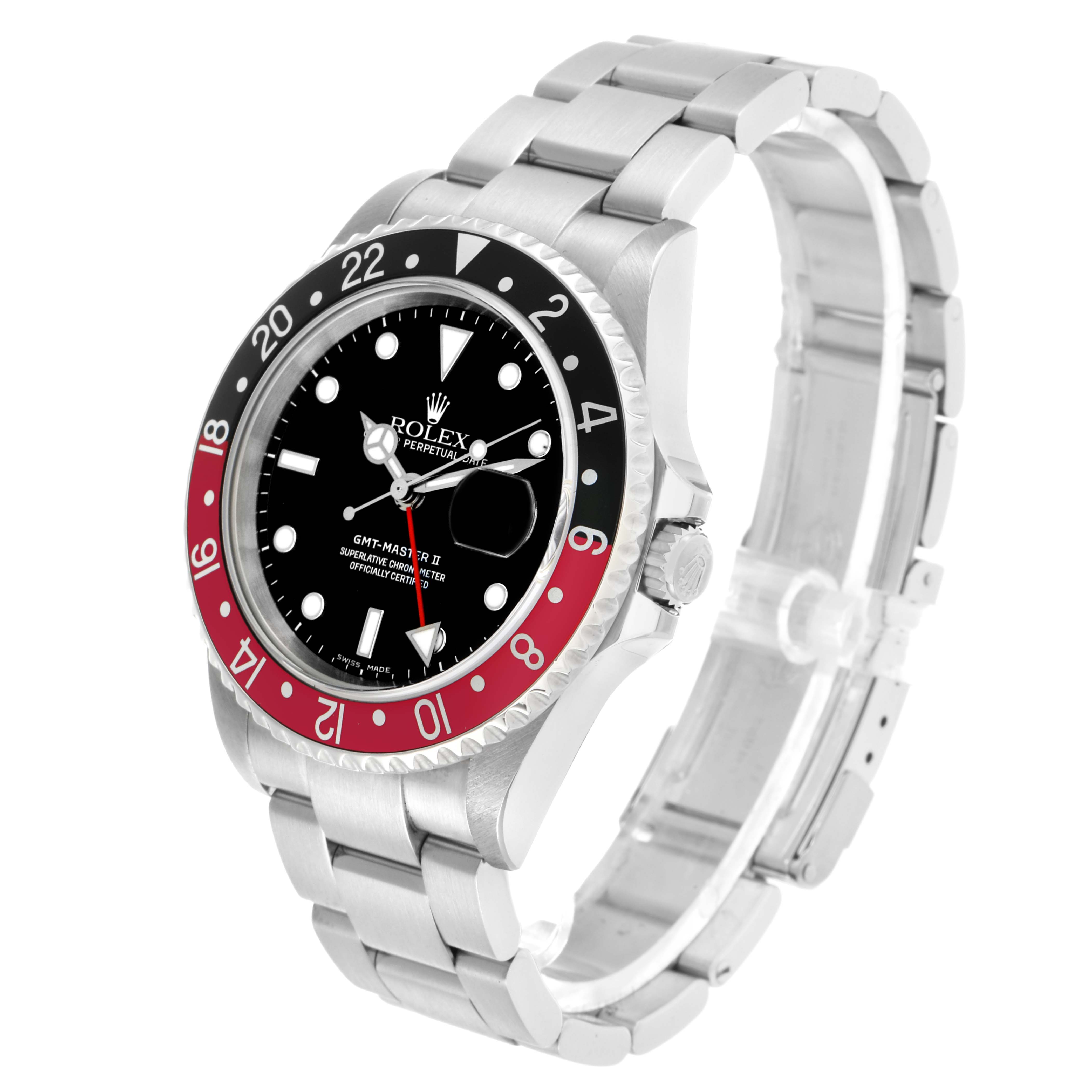 The image shows the Rolex GMT-Master 16710 Men's Stainless Steel Black Dial watch at a slight right-side angle, displaying the bezel, face, bracelet, and crown.