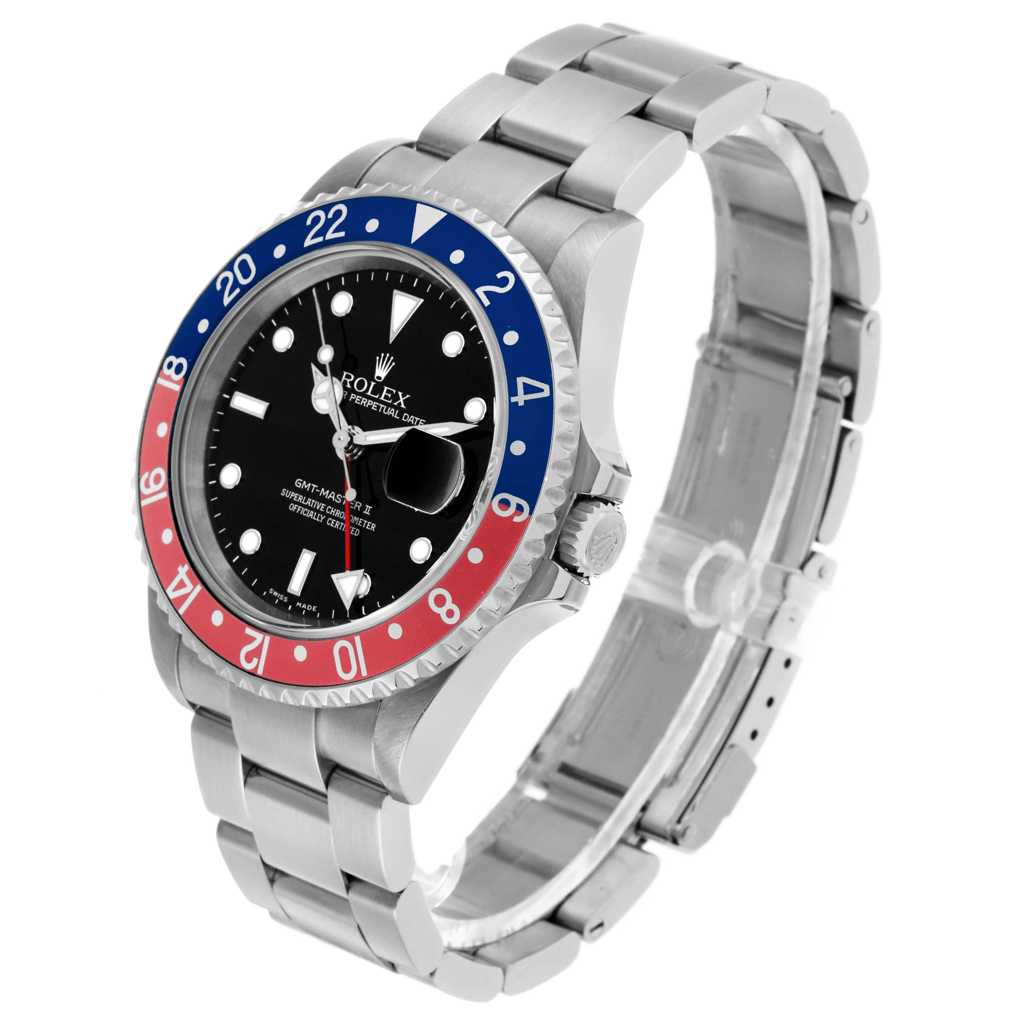 The Rolex GMT-Master 16710 Men's Stainless Steel Black Dial watch is shown at a three-quarter angle, displaying the bezel, face, and part of the bracelet.