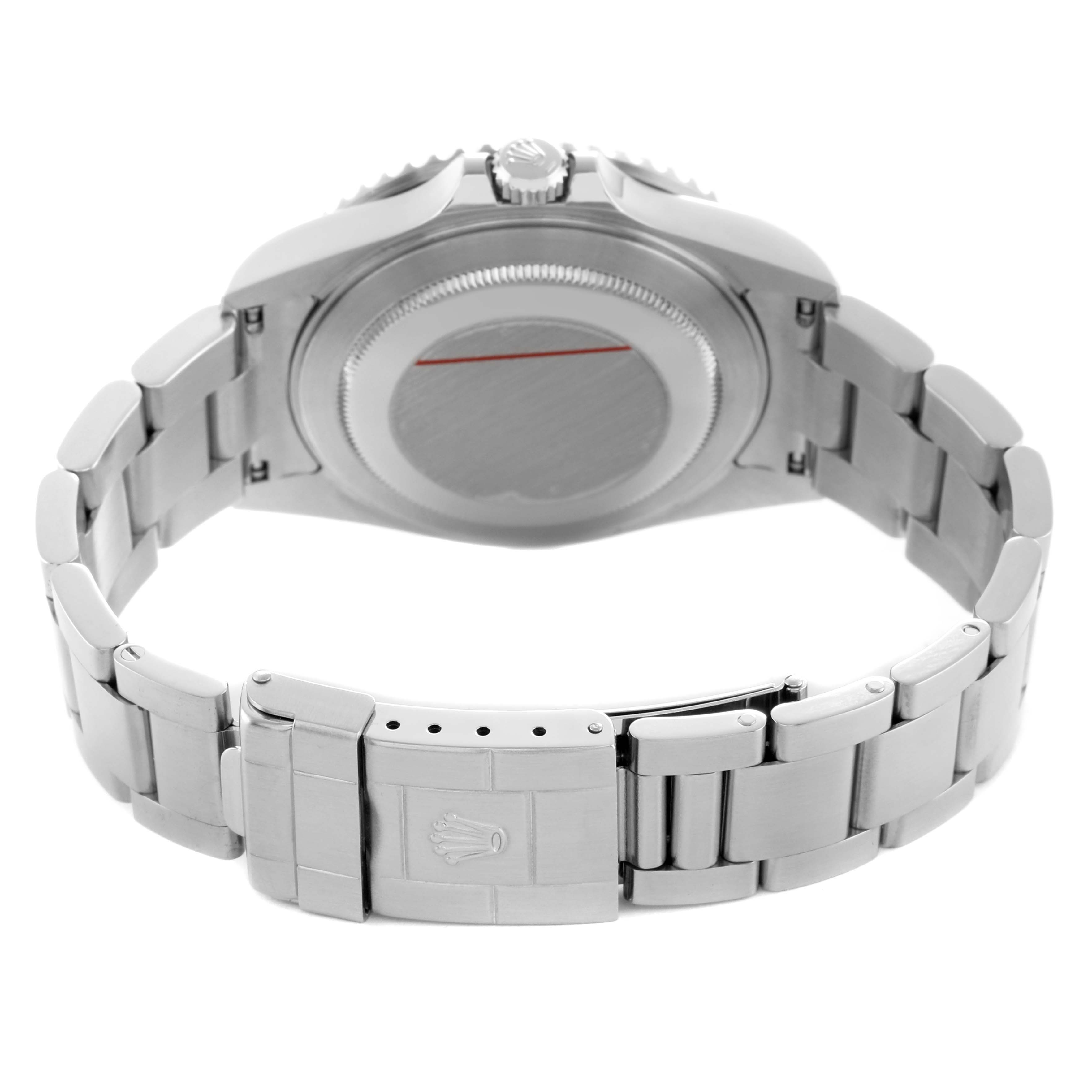 The image shows the back view of a Rolex GMT-Master 16710 Men's Stainless Steel Black Dial with its bracelet and clasp visible.