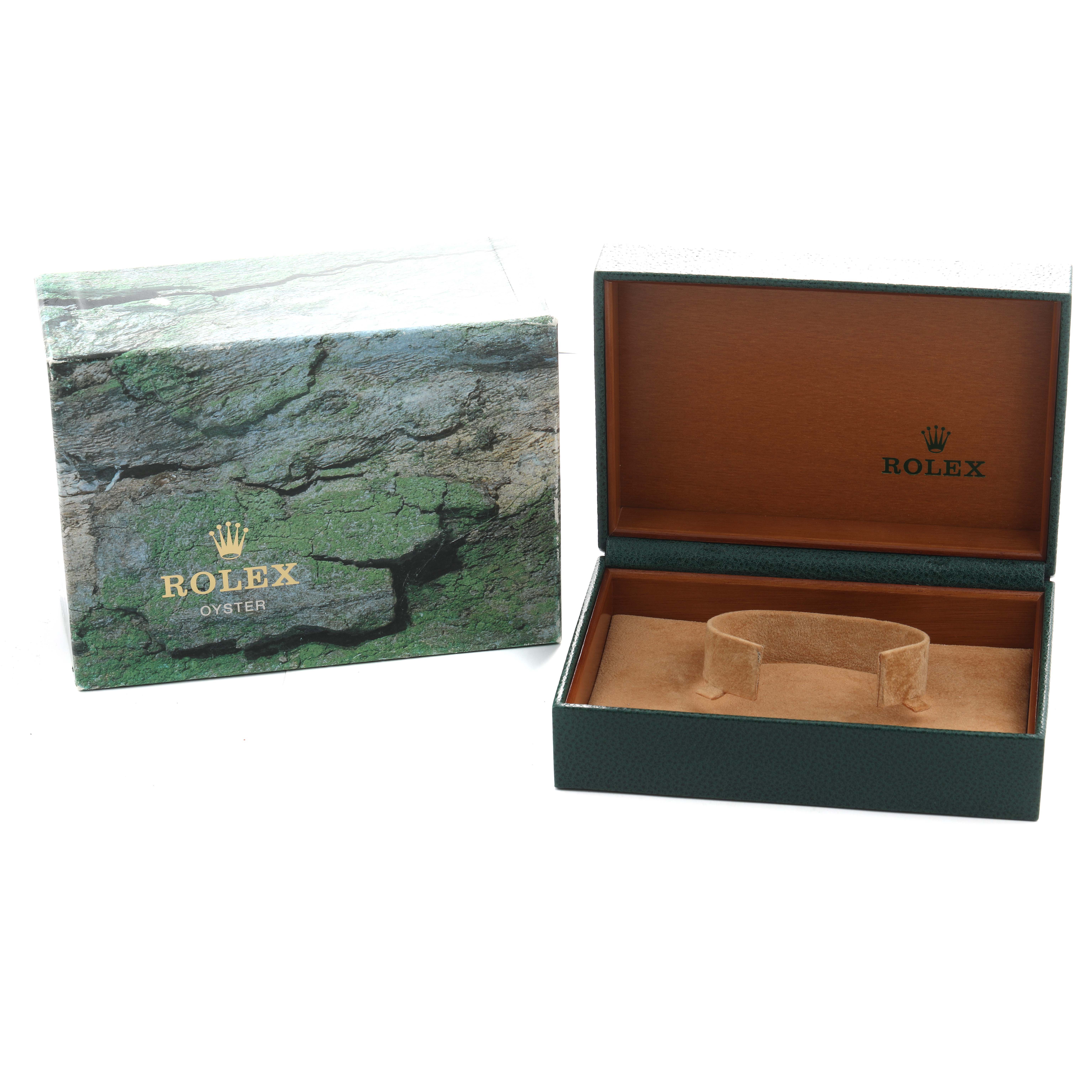 The image shows a Rolex GMT-Master 16710 Men's Stainless Steel Black Dial watch box and its exterior protective cover, both empty, with a side view angle.