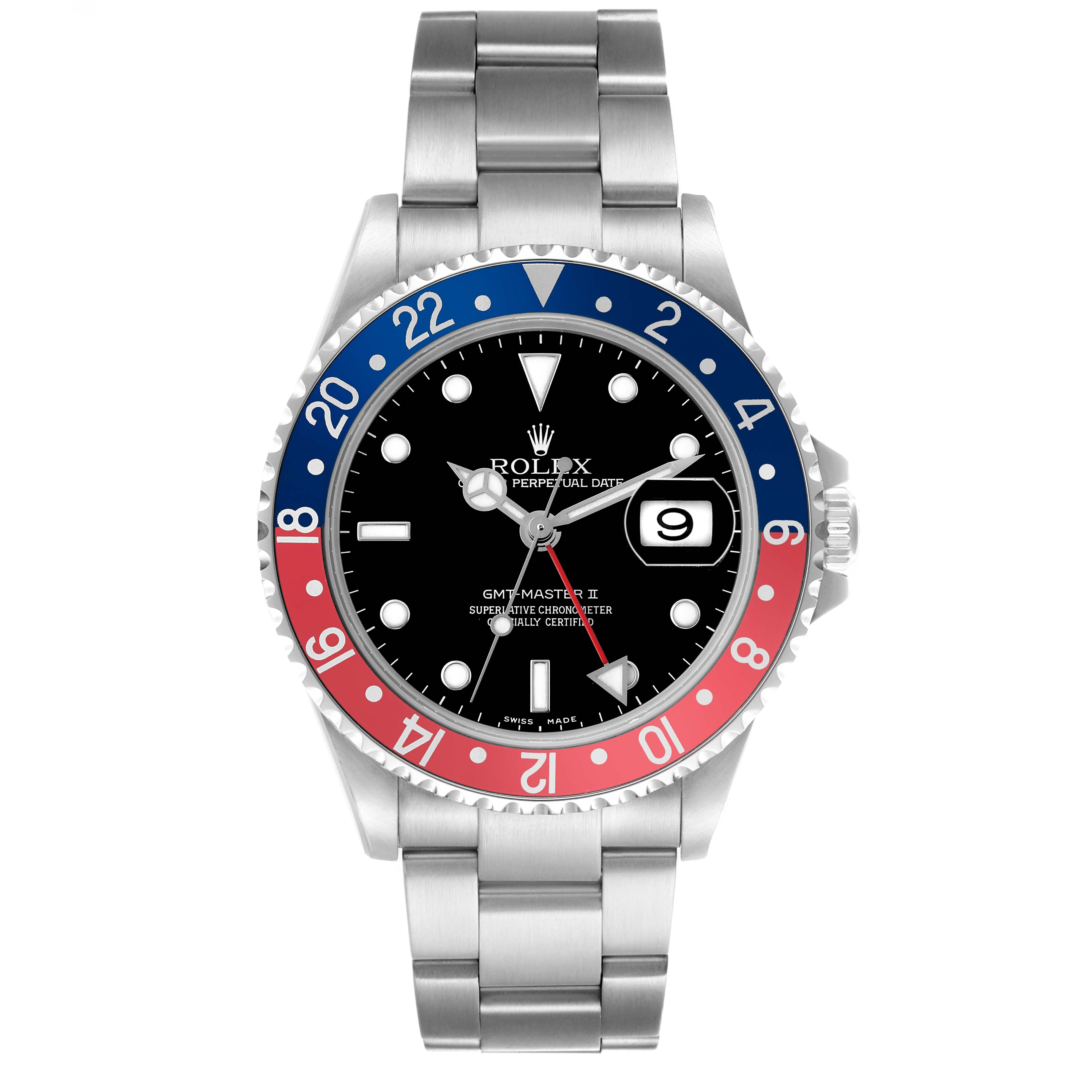 The Rolex GMT-Master 16710 Men's Stainless Steel Black Dial watch is shown from a front angle, displaying the bezel, dial, hands, and bracelet.