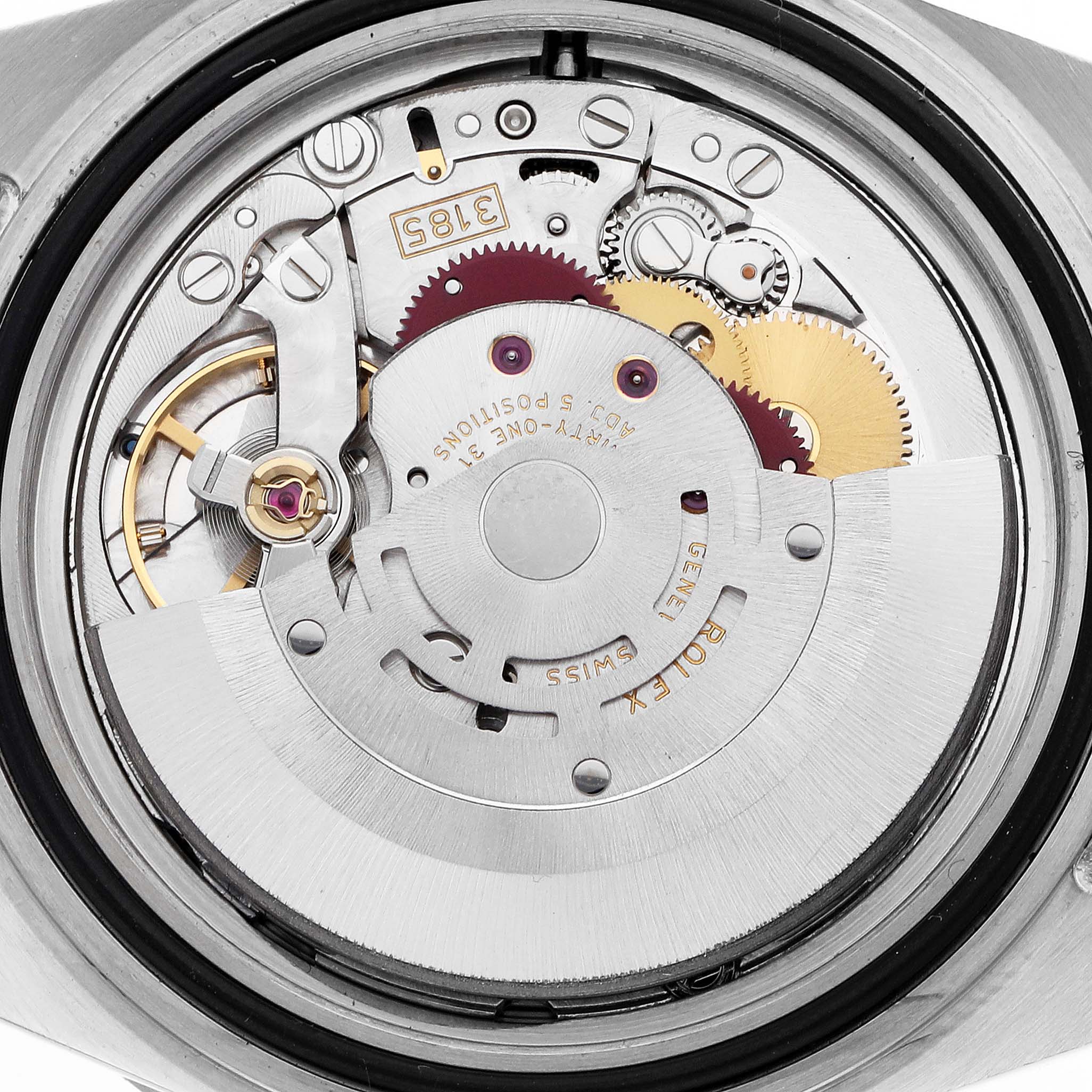 The image shows the movement and internal mechanism of a Rolex GMT-Master 16710 Men's Stainless Steel Black Dial watch from a rear angle.
