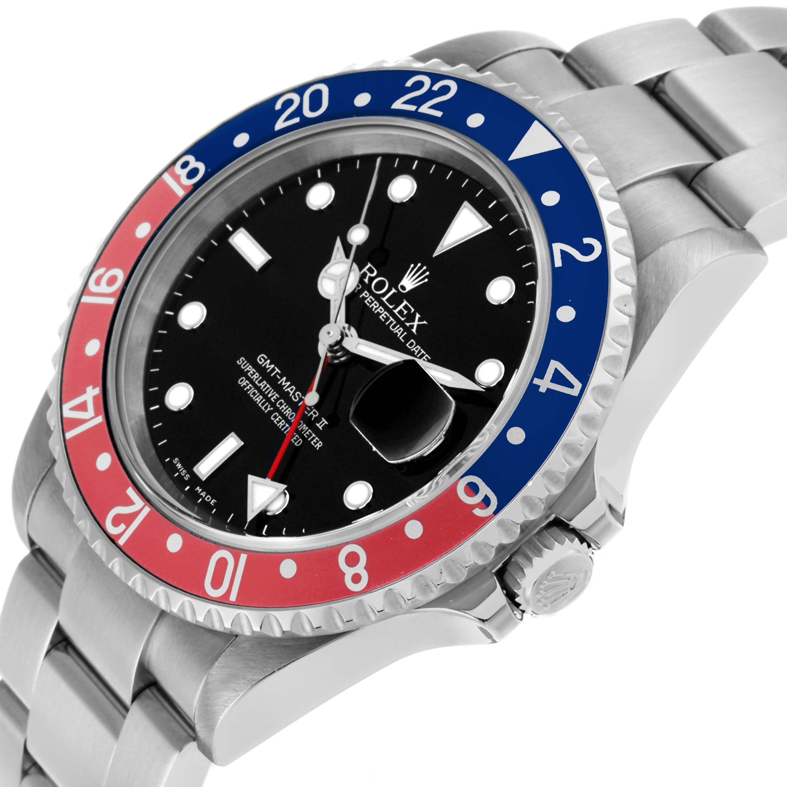 The Rolex GMT-Master 16710 Men's Stainless Steel Black Dial watch is shown at a three-quarter angle, highlighting the bezel, dial, bracelet, and crown.