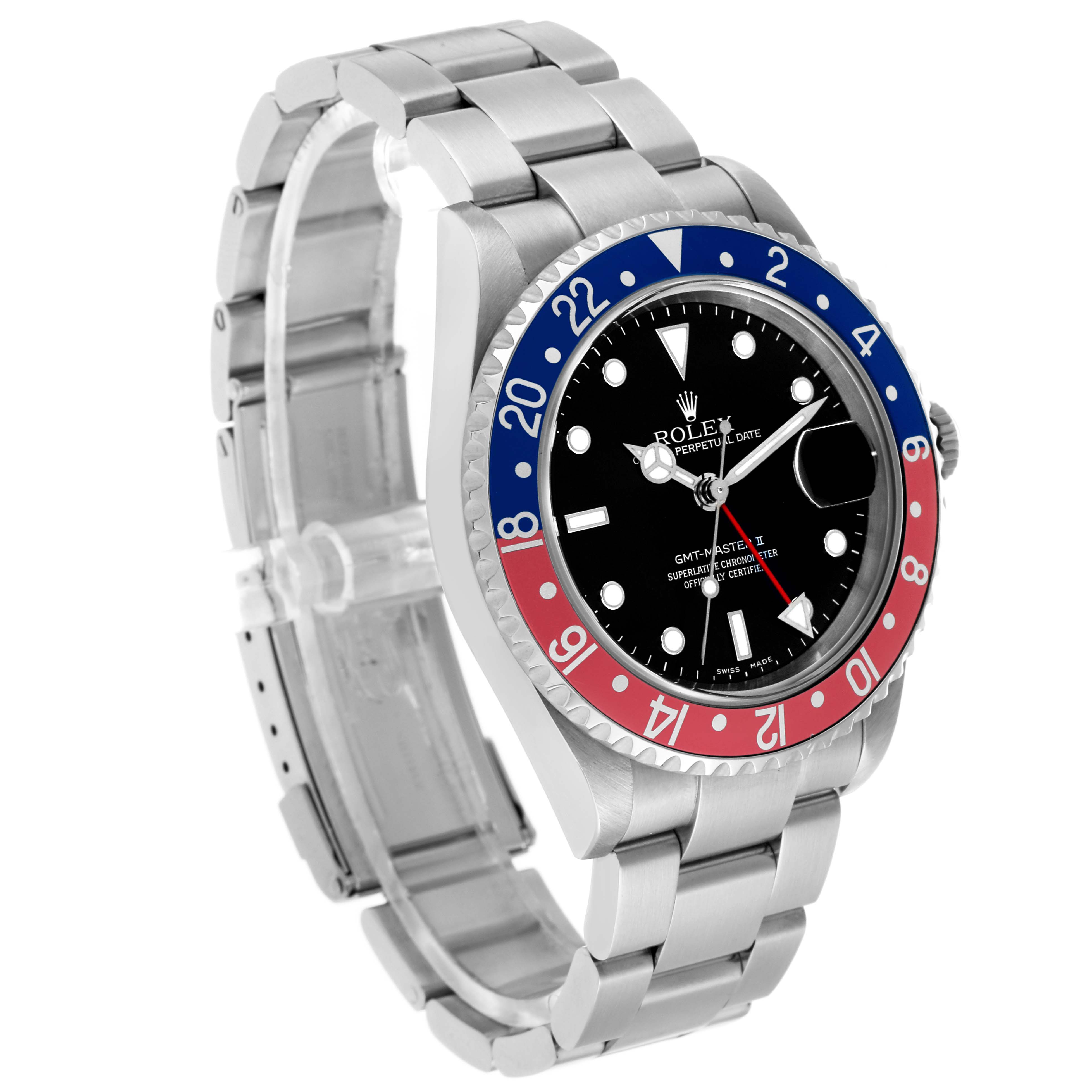 The Rolex GMT-Master 16710 Men's Stainless Steel Black Dial watch is shown at a slight angle, highlighting its bezel, dial, and stainless steel bracelet.