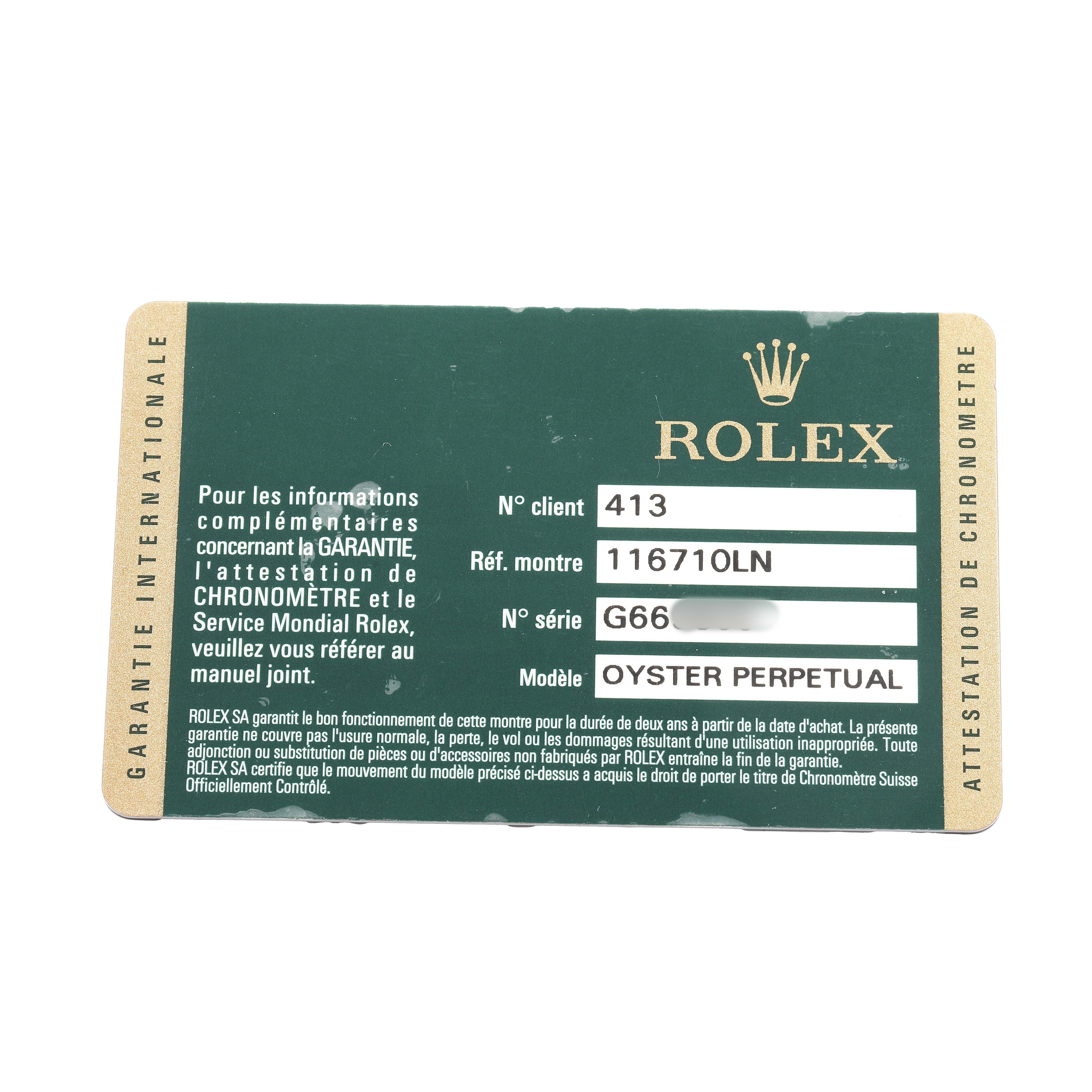 The image shows a flat, rectangular Rolex warranty card for the GMT-Master model.