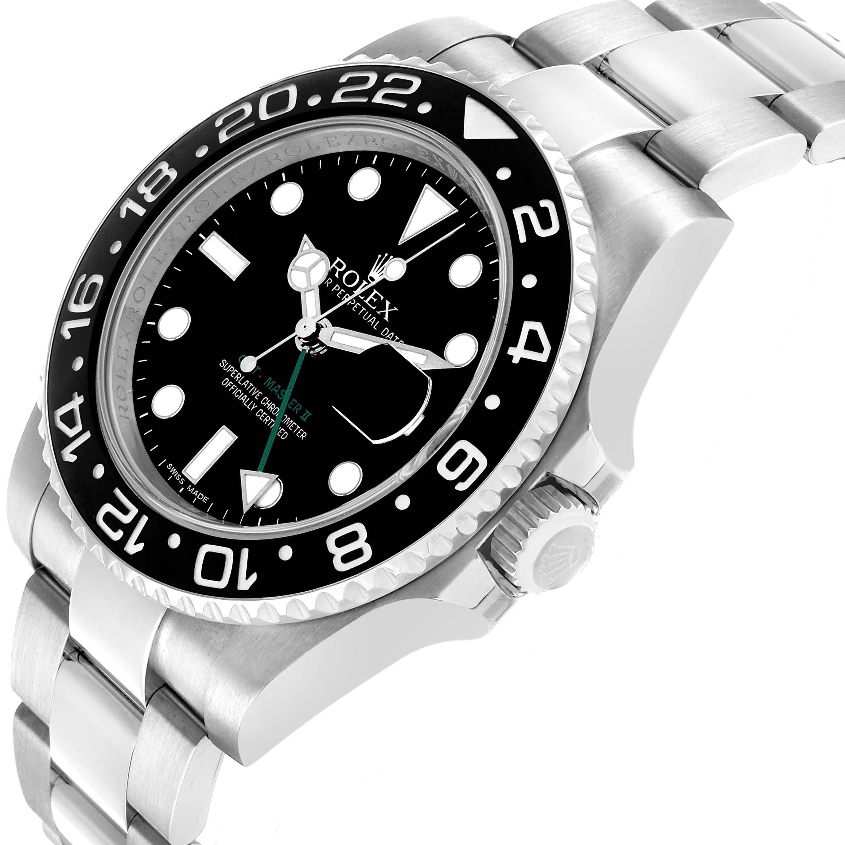The Rolex GMT-Master 116710LN Men's Stainless Steel Black Dial watch is shown at a three-quarter angle, highlighting the bezel, black dial, and bracelet.