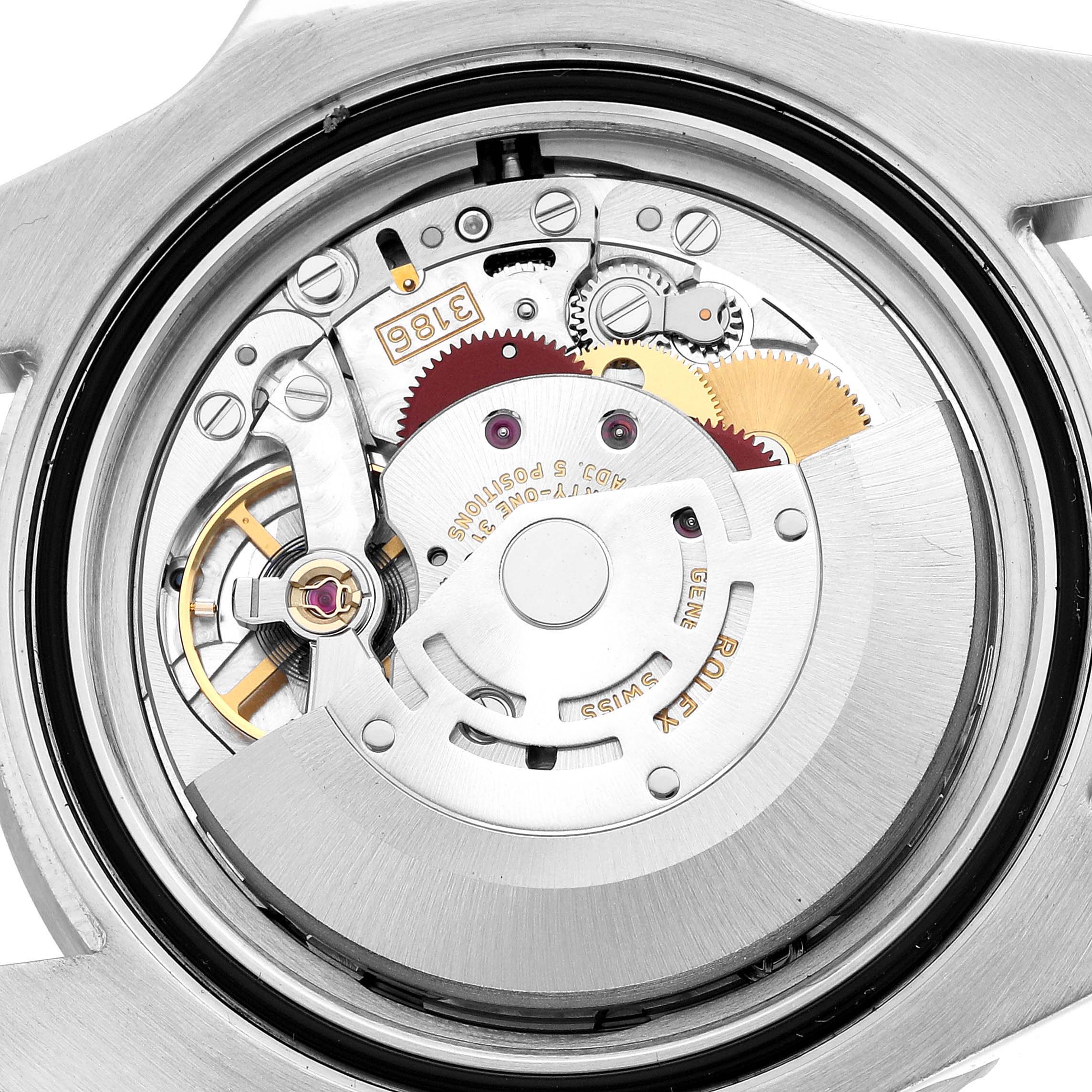 The image shows the back view of a Rolex GMT-Master 116710LN Men's Stainless Steel Black Dial, highlighting its exposed movement and intricate mechanics.