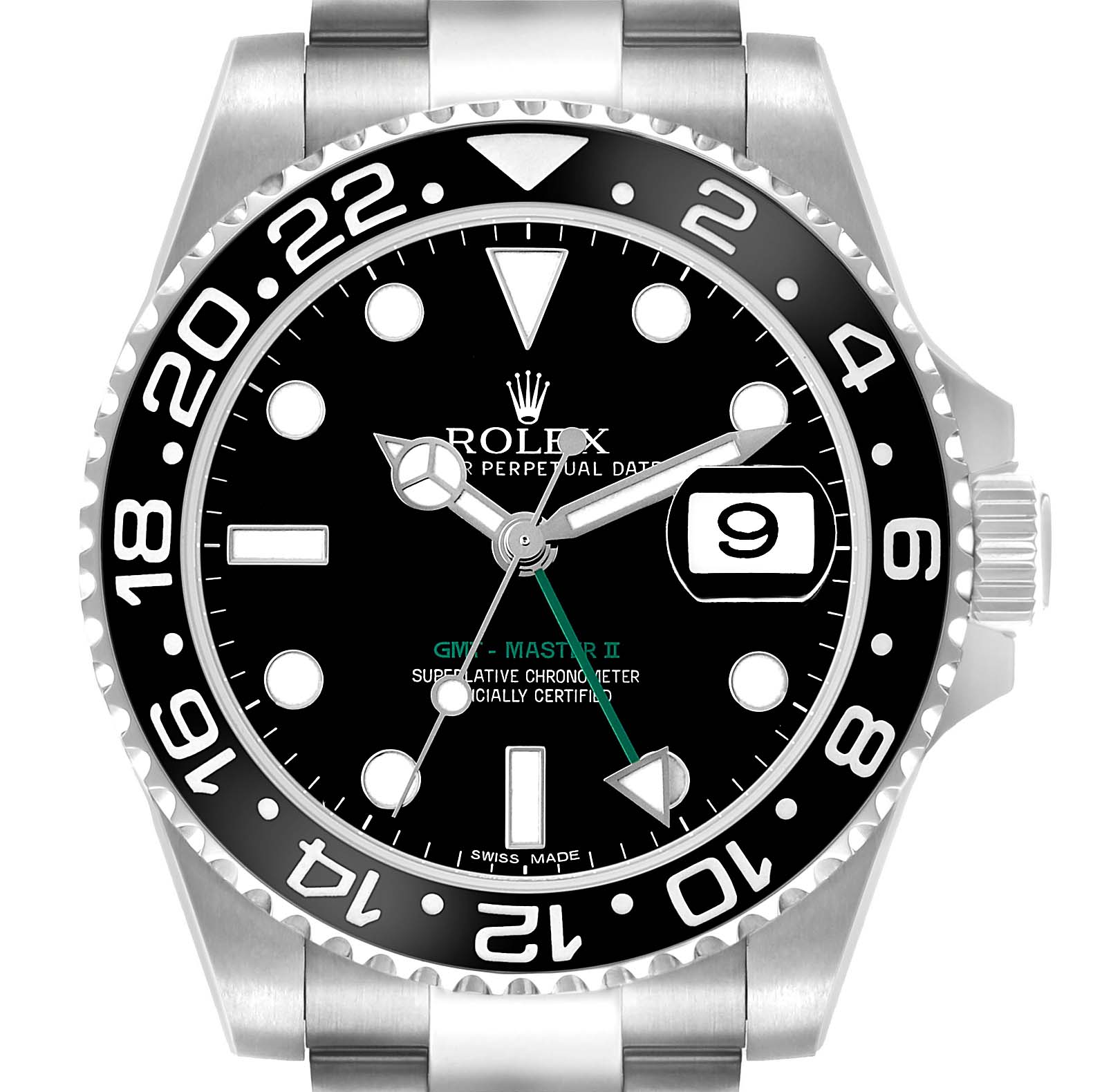 The Rolex GMT-Master 116710LN Men's Stainless Steel Black Dial watch is shown from the front, displaying the dial, bezel, hands, and part of the bracelet.